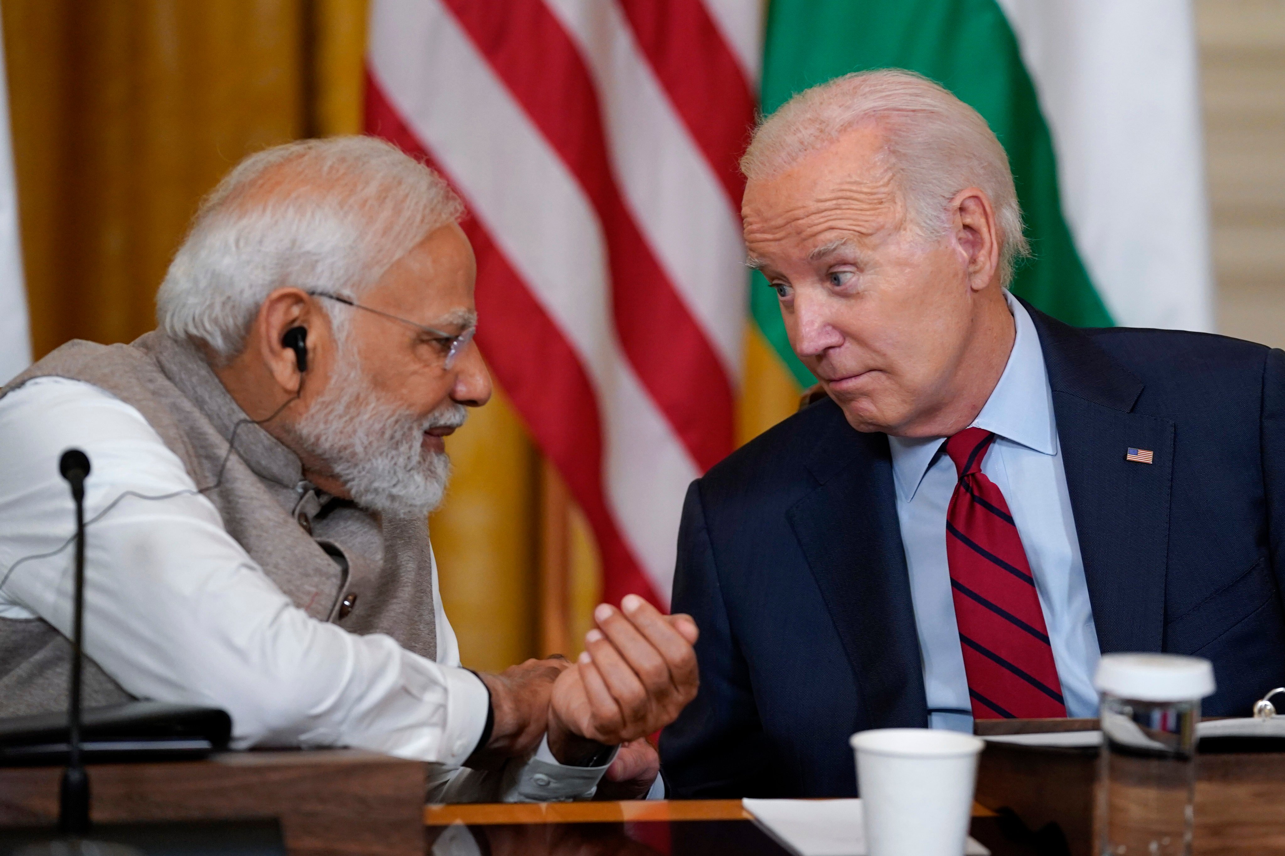US President Joe Biden (right) speaks with India’s Prime Minister Narendra Modi during a meeting with American and Indian business leaders in the East Room of the White House in Washington on June 23. Modi’s US visit came as multinational corporations are increasingly looking to India as an option for diversifying away from China. Photo: AP
