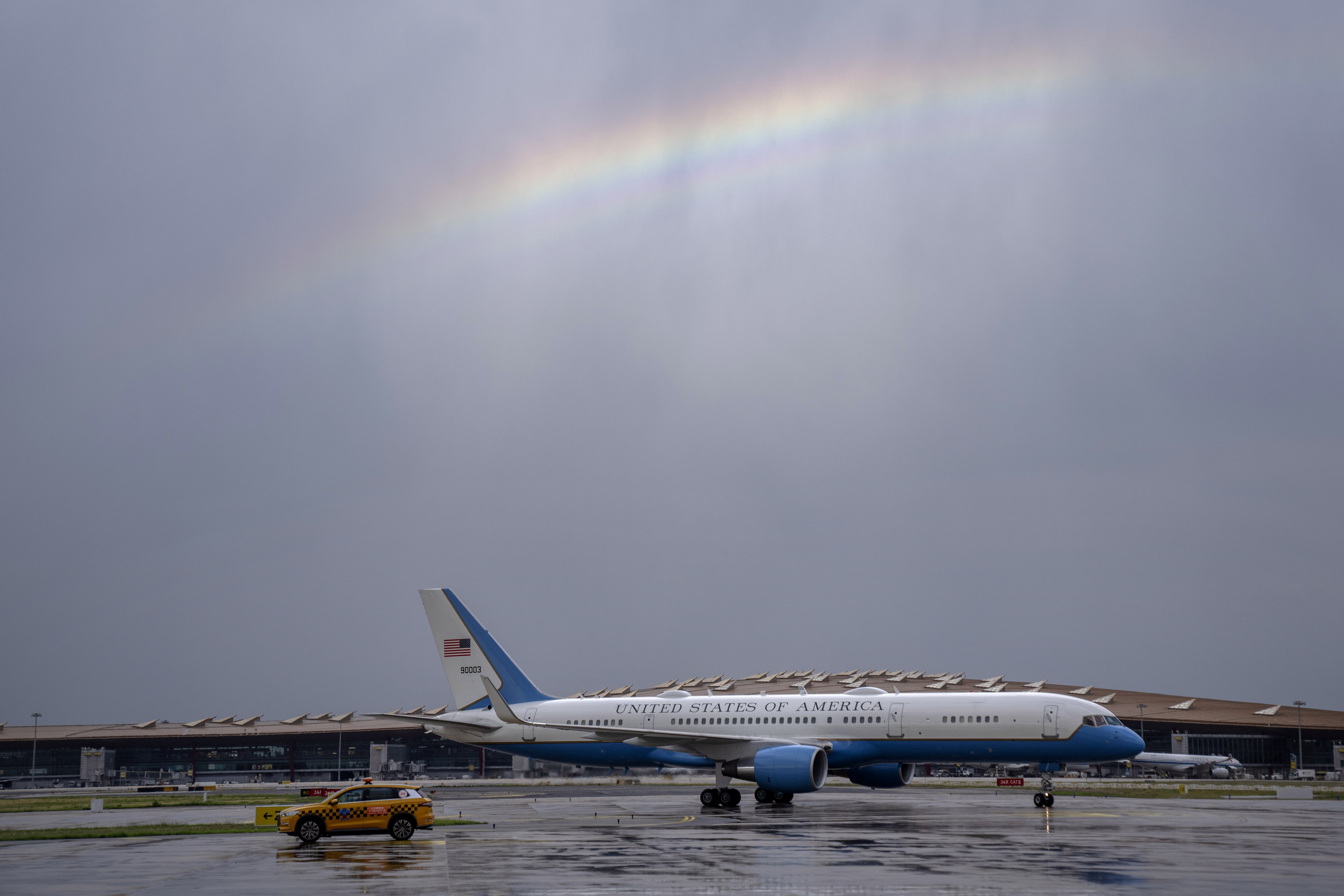The plane carrying US Treasury Secretary Janet Yellen arrived in the Chinese capital on Thursday under a rainbow. Photo: EPA-EFE