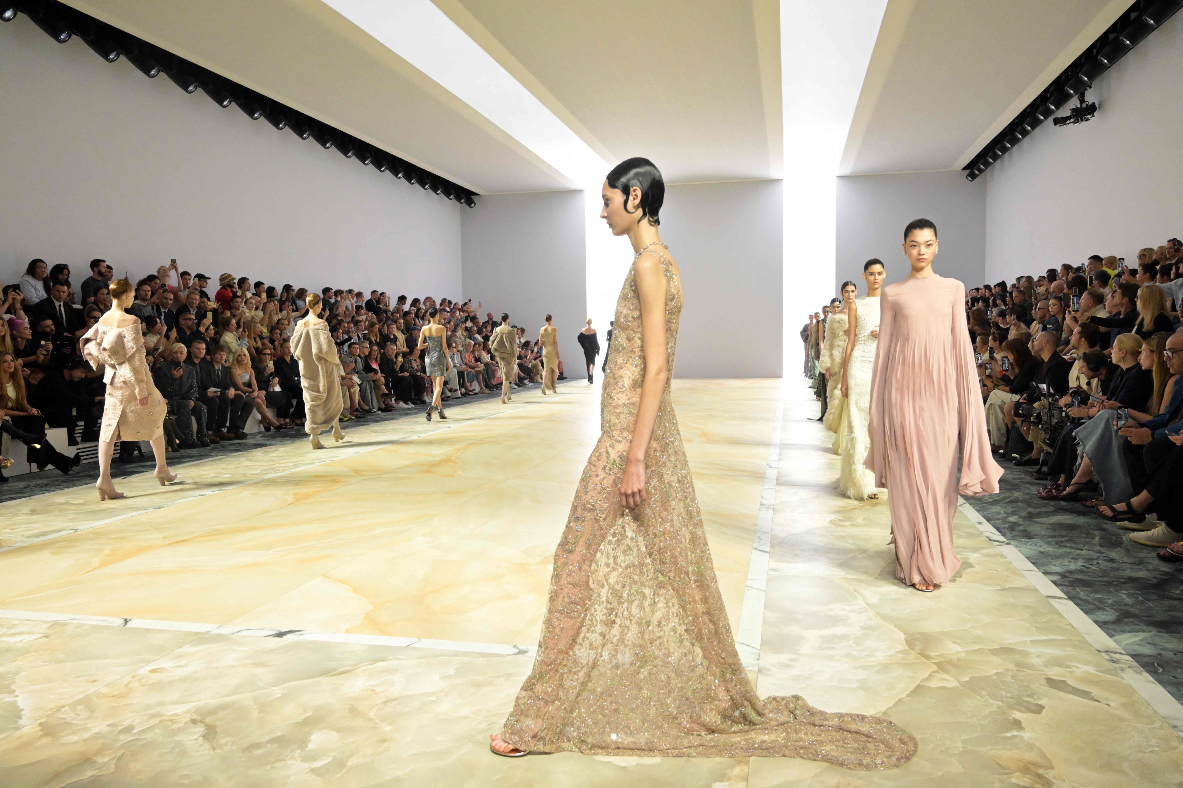 Models present an initial parade of nude creations by Kim Jones at Fendi during the Women’s Haute-Couture Fashion Week in Paris on July 6. Photo: AFP