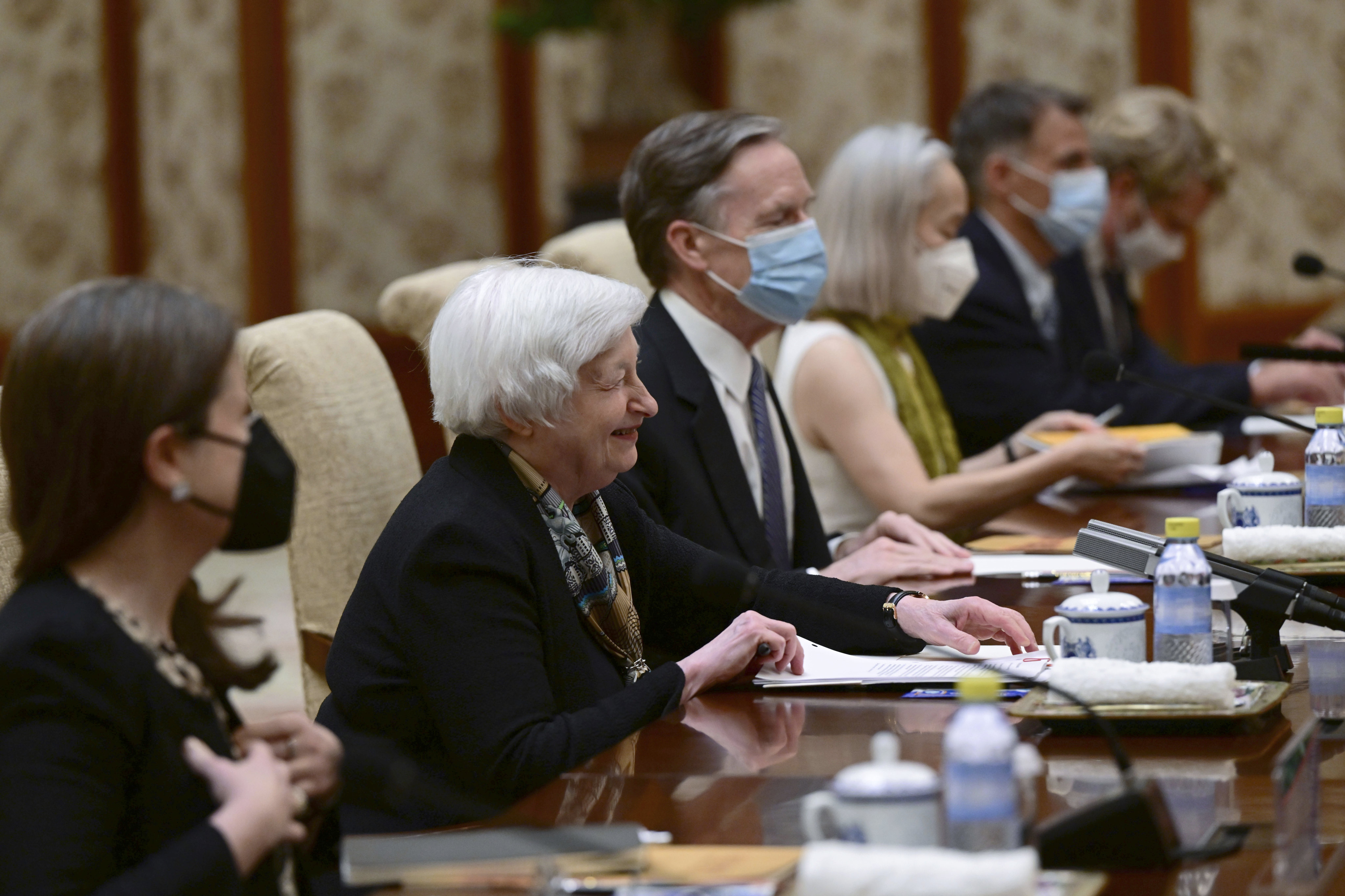 U.S. Treasury Secretary Janet Yellen, center, speaks during her meeting with China’s Vice Premier He Lifeng at the Diaoyutai State Guesthouse in Beijing, Saturday, July 8, 2023. Photo: AP