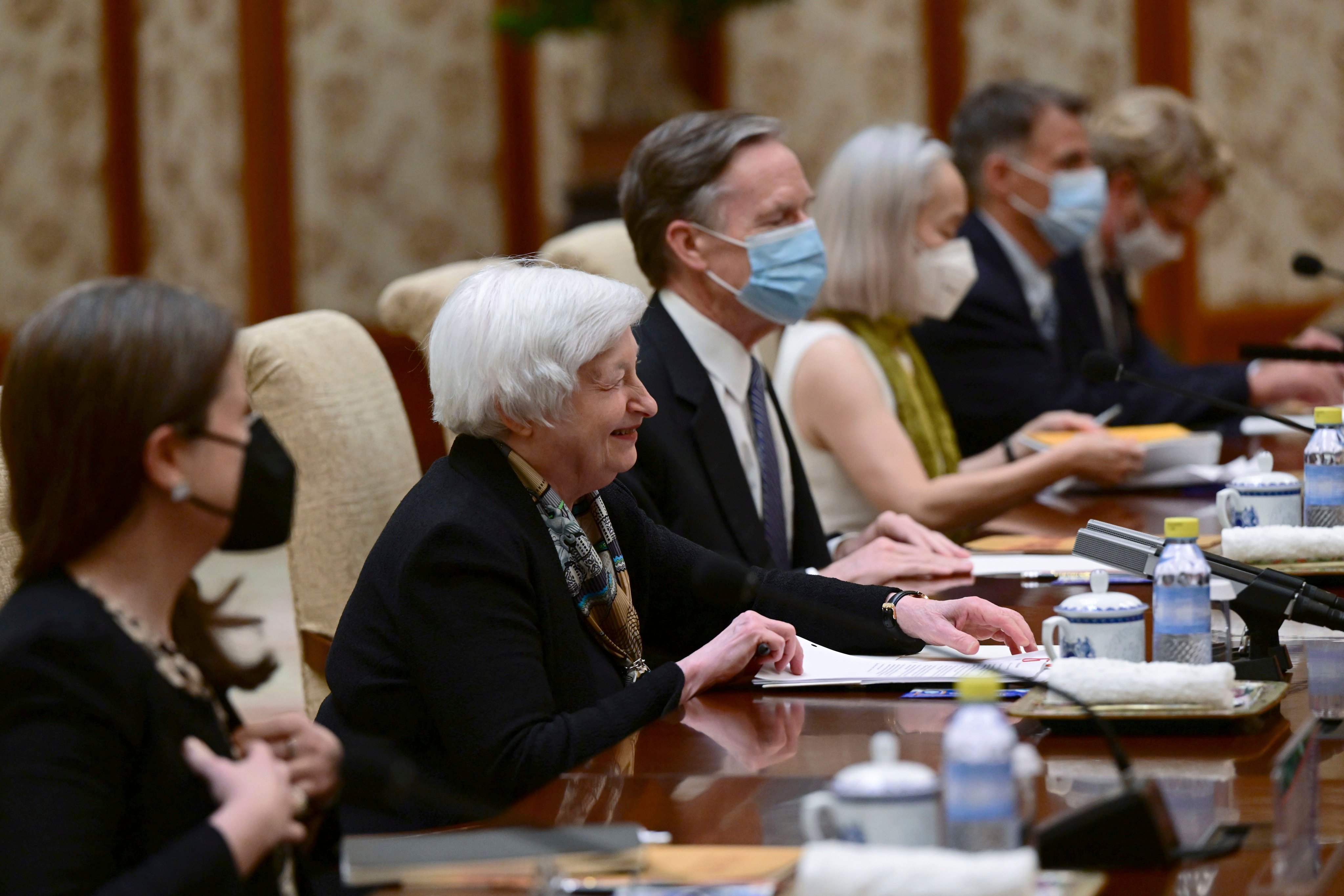 U.S. Treasury Secretary Janet Yellen, center, speaks during her meeting with China’s Vice Premier He Lifeng at the Diaoyutai State Guesthouse in Beijing, Saturday, July 8, 2023. Photo: AP