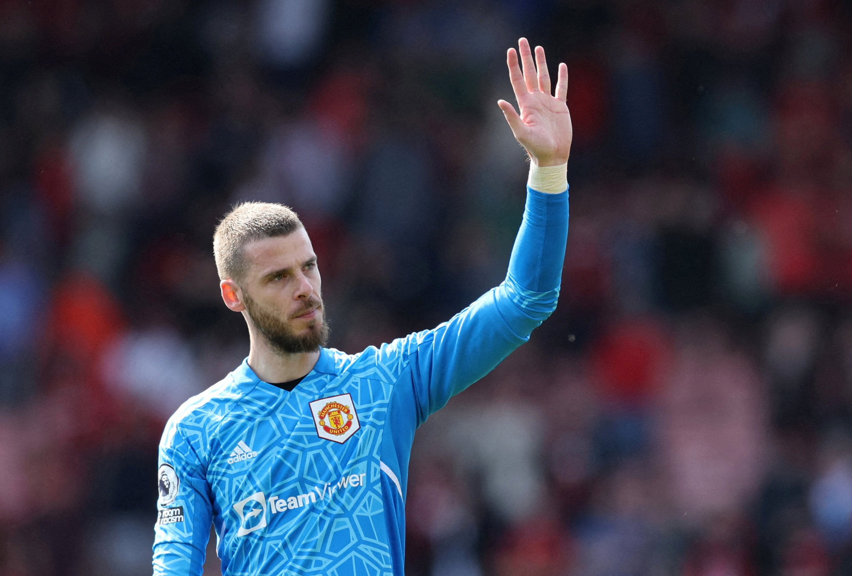 Manchester United’s David de Gea acknowledges the fans after the home win over Bournemouth on the final day of the seson. Photo: Reuters