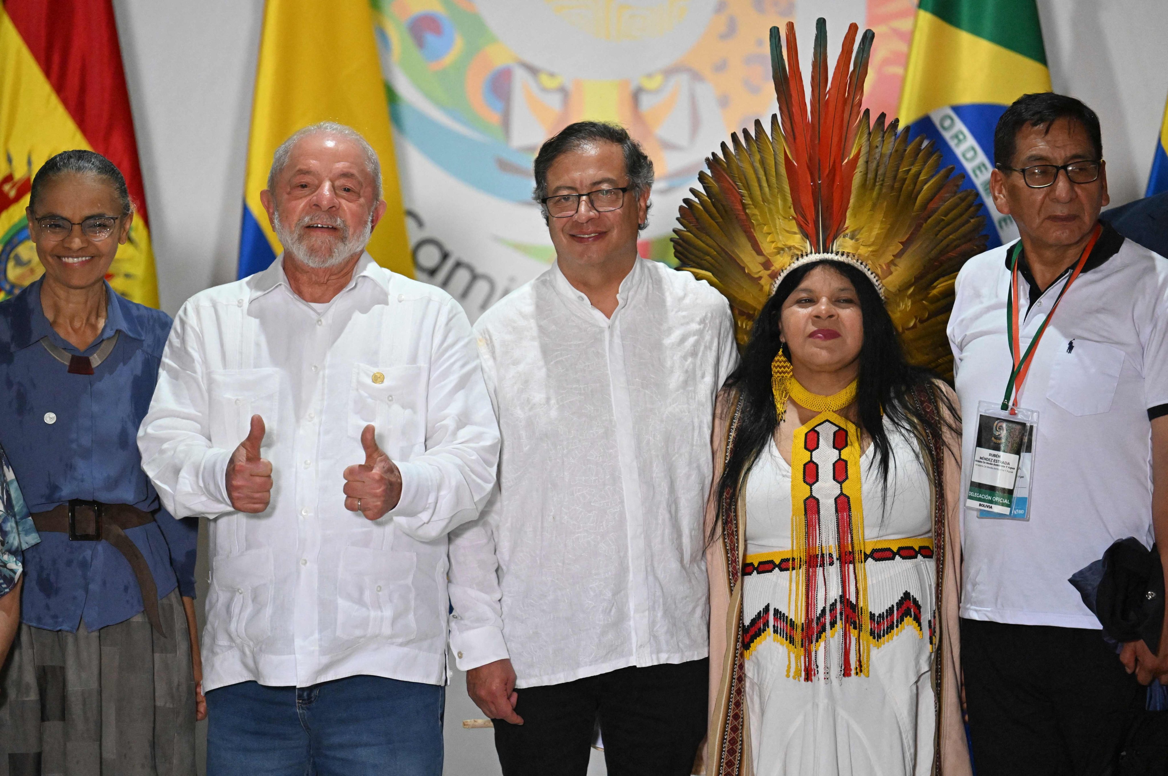 From left, Brazilian environment minister Marina Silva, Brazilian President Luiz Inacio Lula da Silva, Colombian President Gustavo Petro and Brazilian minister for Indigenous peoples Sonia Guajajara after talks on the protection of the Amazon rainforest in Leticia, Colombia on Saturday. Photo: AFP