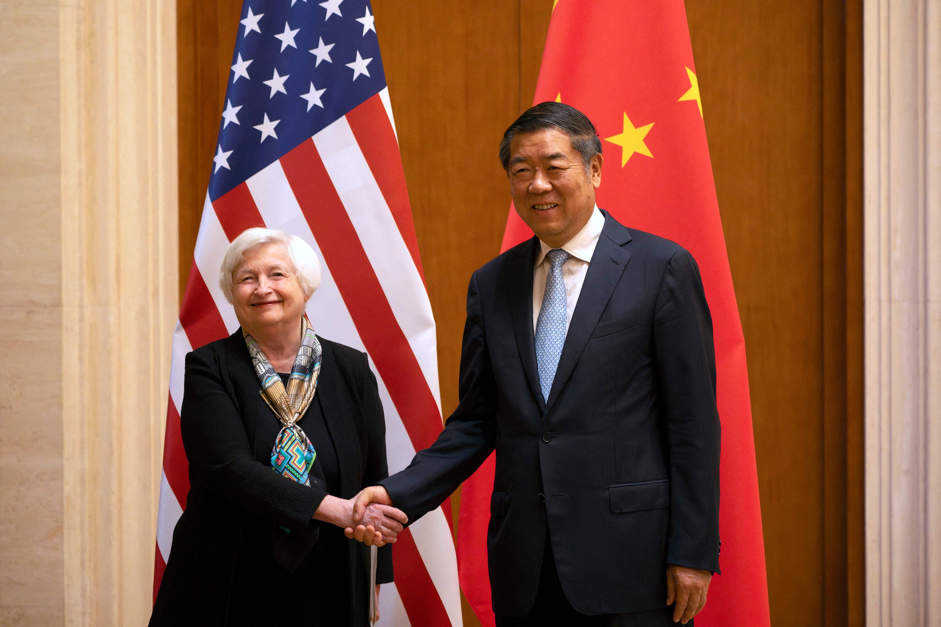 US Treasury Secretary Janet Yellen  shakes hands with Chinese Vice-Premier He Lifeng during a meeting at the Diaoyutai State Guesthouse on Saturday. Photo: Pool