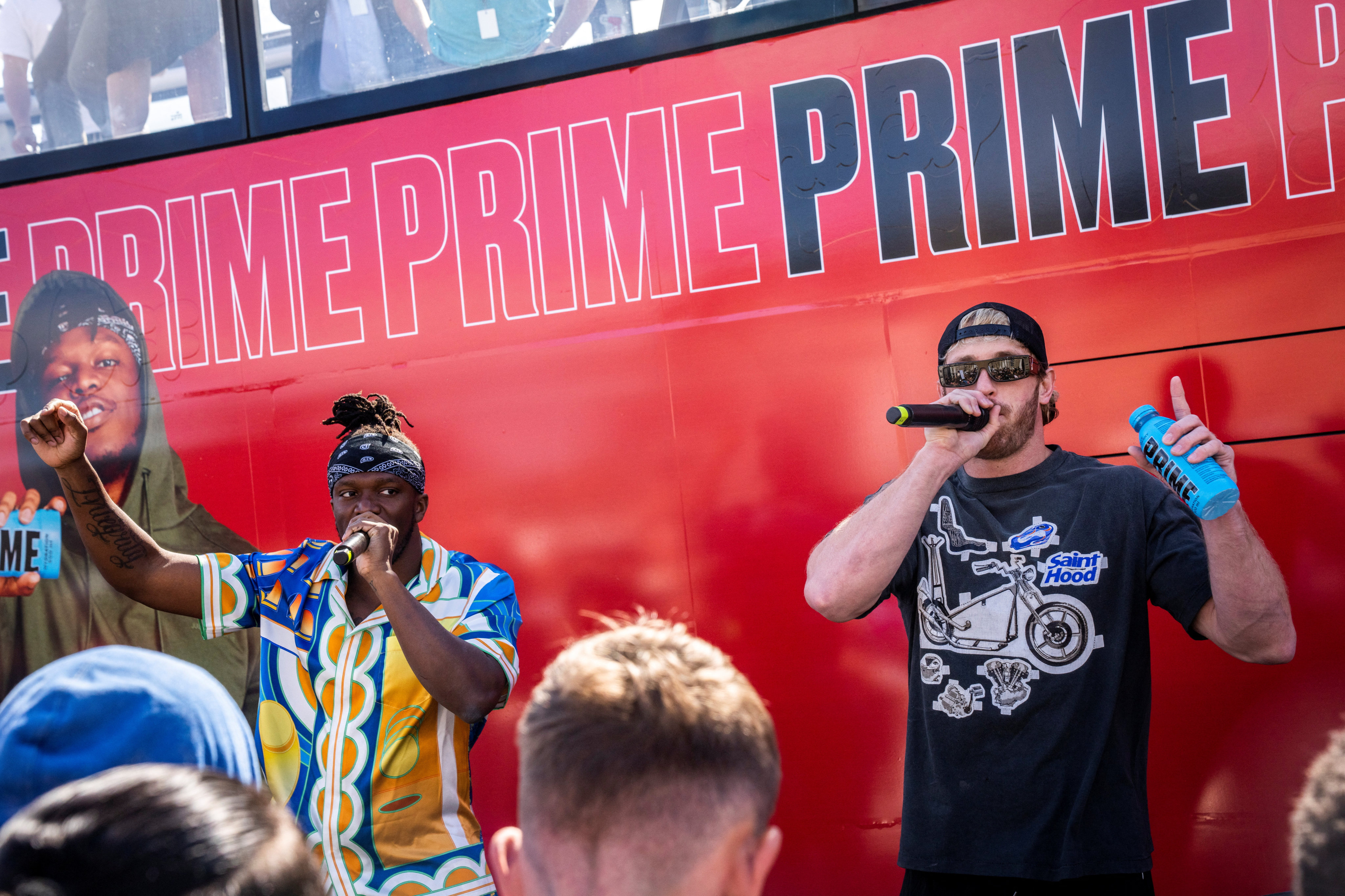 Youtube personalities Logan Paul and British rapper KSI, left, meet fans during a Prime soft drink promotional event in Copenhagen, Denmark on June 27. Photo: Ritzau Scanpix / Ida Marie Odgaard via Reuters