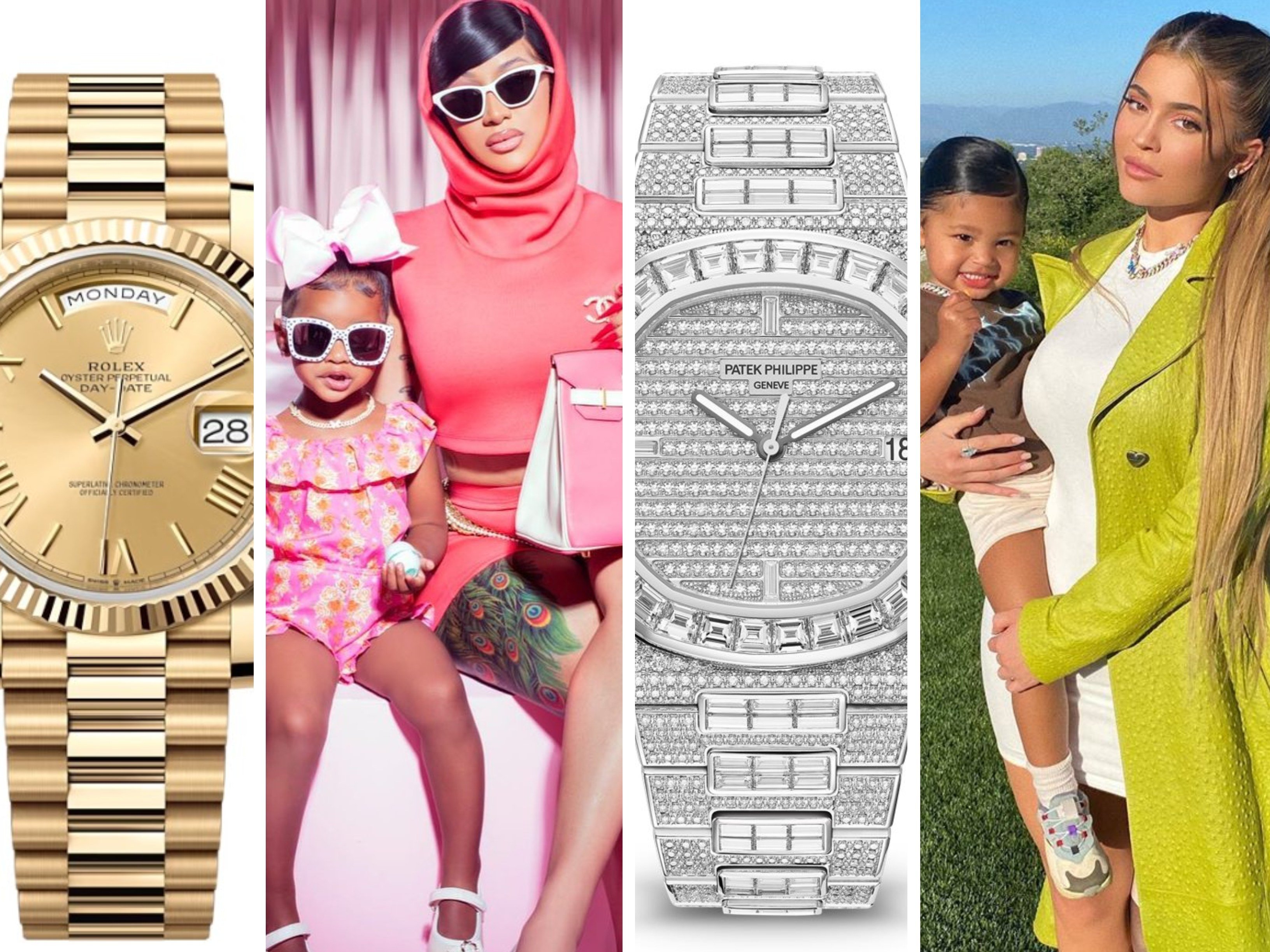 Both Cardi B and daughter Kulture, and Kylie Jenner and daughter Stormi own luxury watches. Photos: Rolex; Patek Philippe; @iamcardib, @kyliejenner/Instagram
