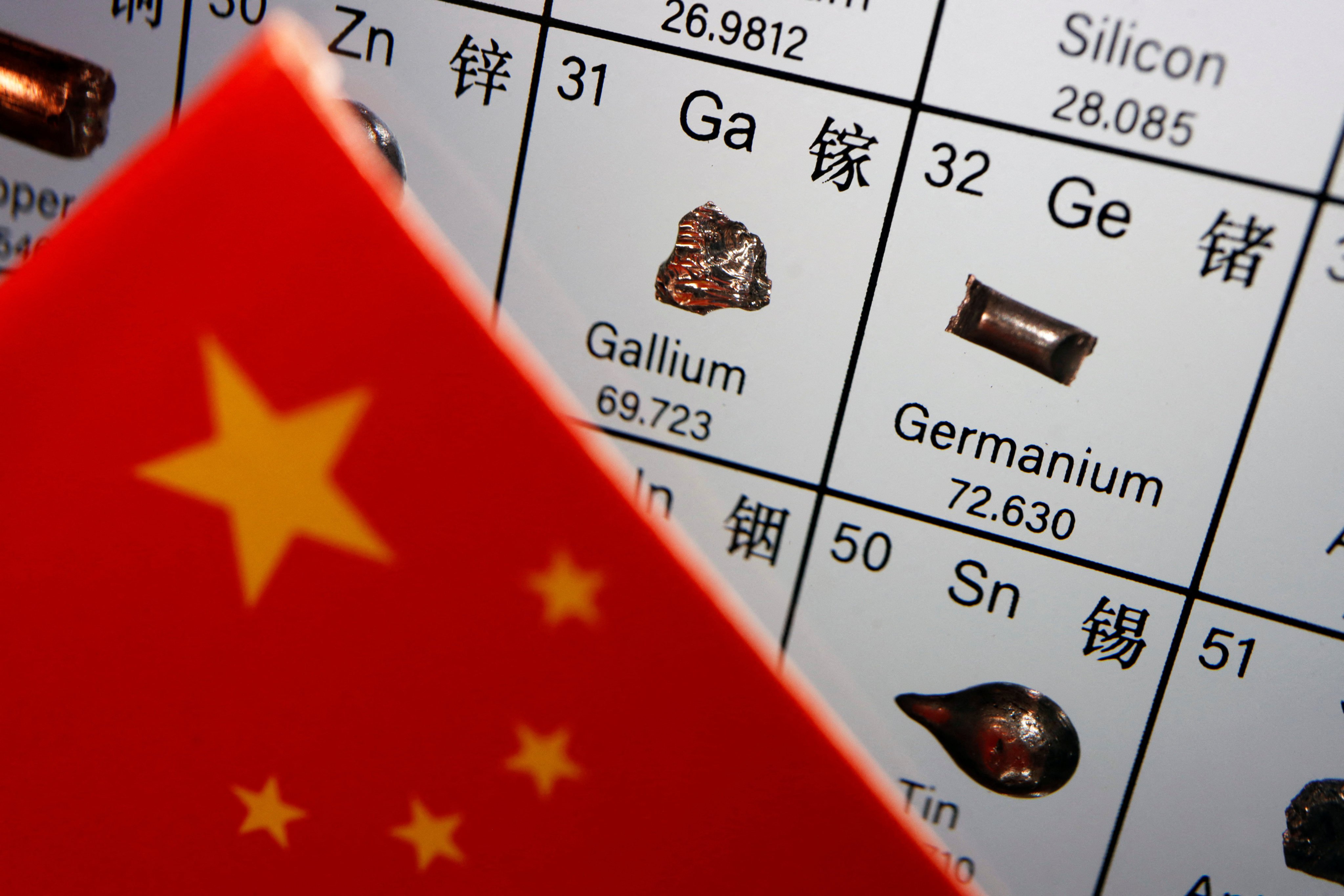 The Chinese flag is placed next to gallium and germanium on a periodic table, in this illustration picture taken July 6, 2023. Photo: Reuters