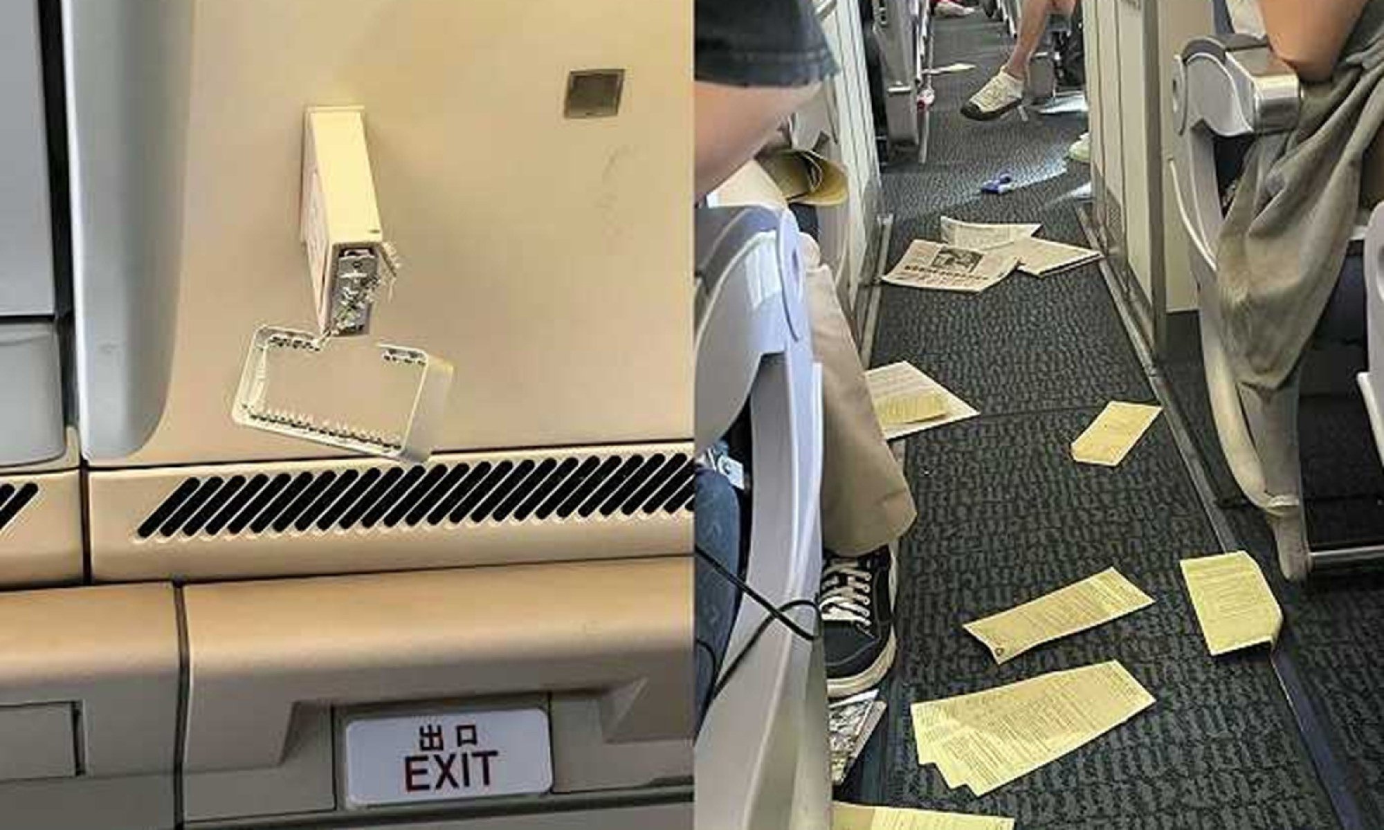 The frightening incident left the plane’s aisles strewn with items and damaged a hanging exit sign. Photo: Weibo
