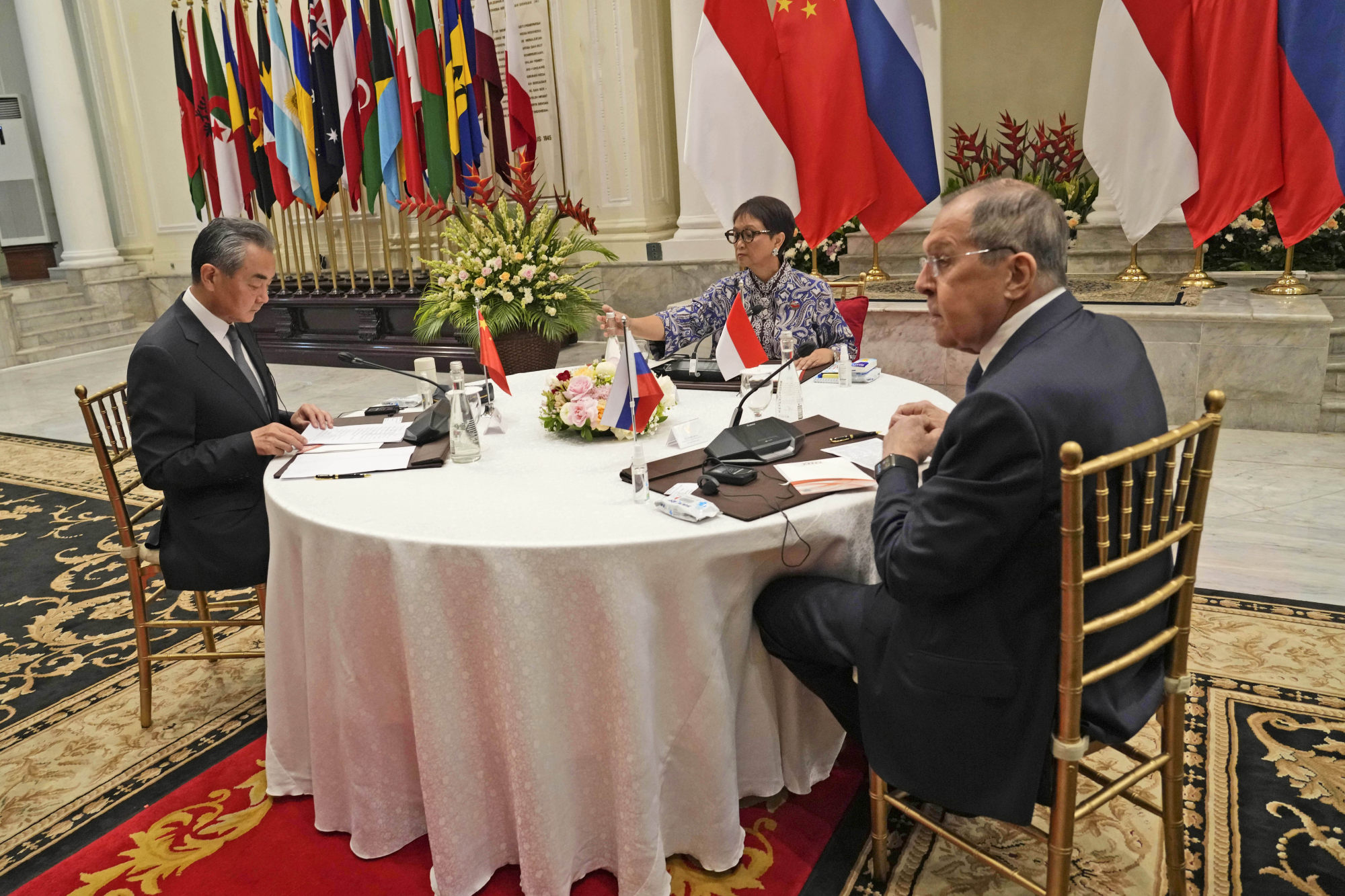 China’s top diplomat Wang Yi, Indonesian Foreign Minister Retno Marsudi and Russian Foreign Minister Sergey Lavrov meet in Jakarta on Wednesday. Photo: AP