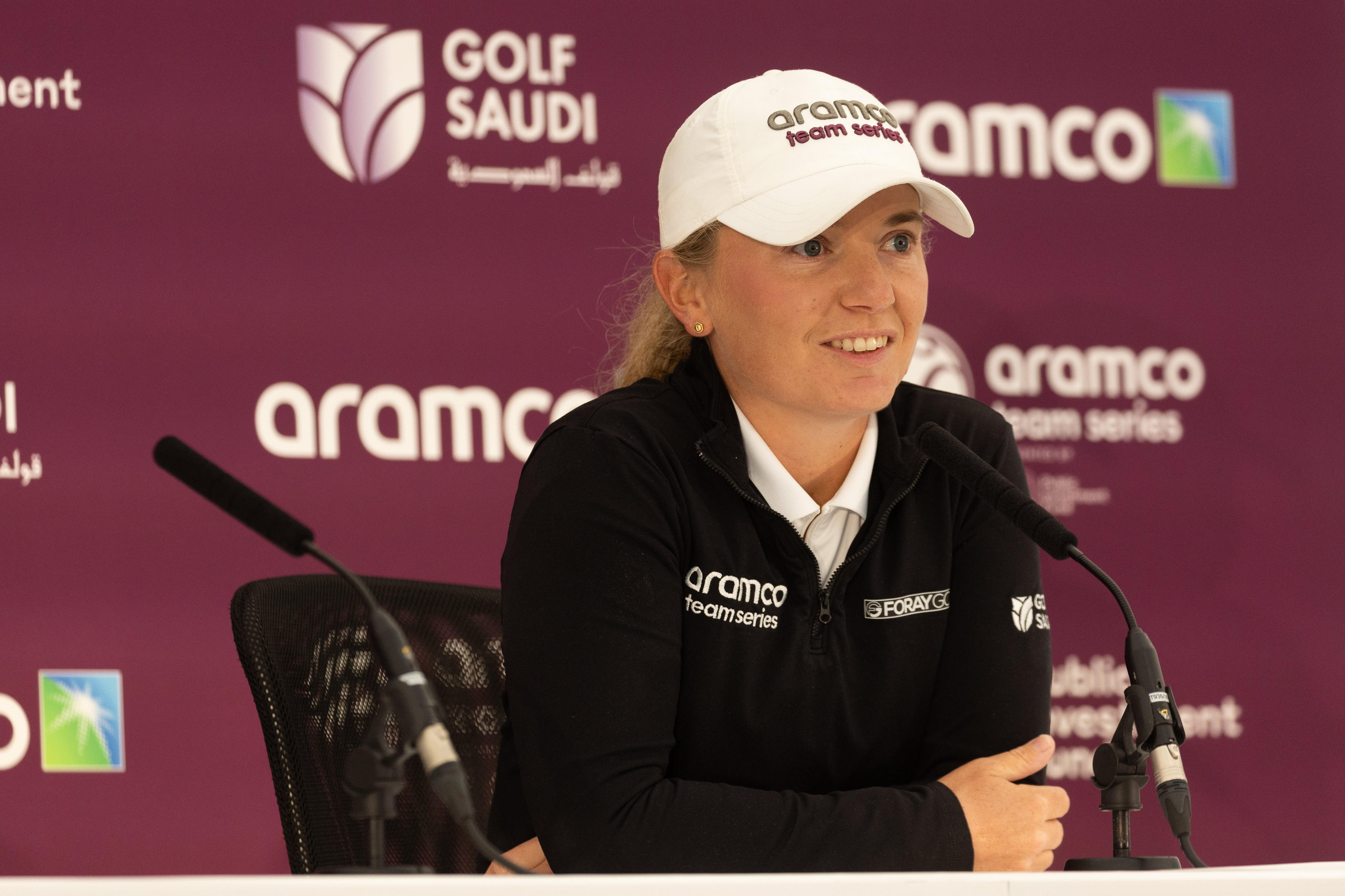 English golfer Bronte Law speaks to the press ahead of the Aramco Team Series London at the Centurion Club. Photo: Aramco Team Series