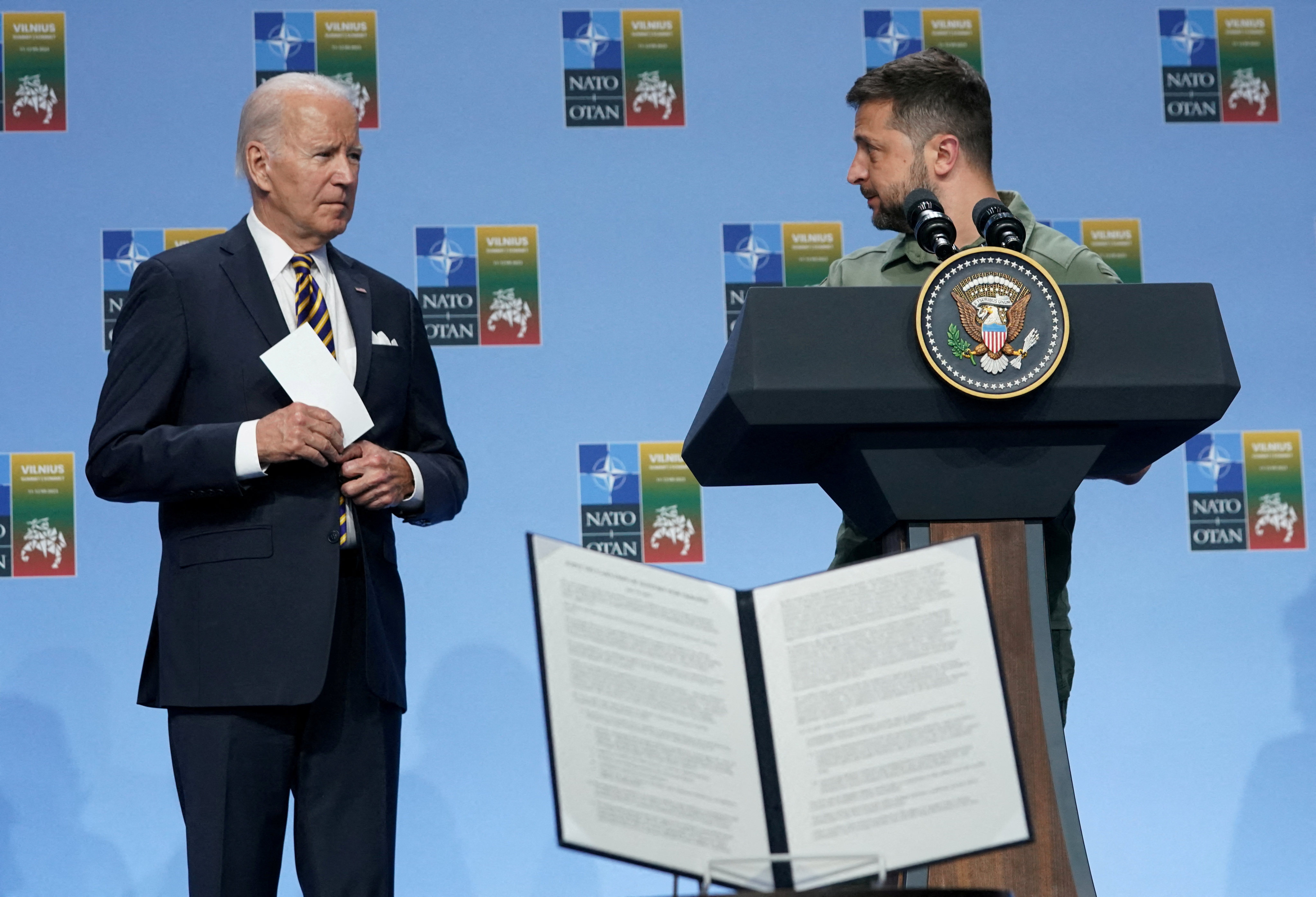 Ukraine’s President Volodymyr Zelensky and US  President Joe Biden in Vilnius, Lithuania. Photo: Reuters