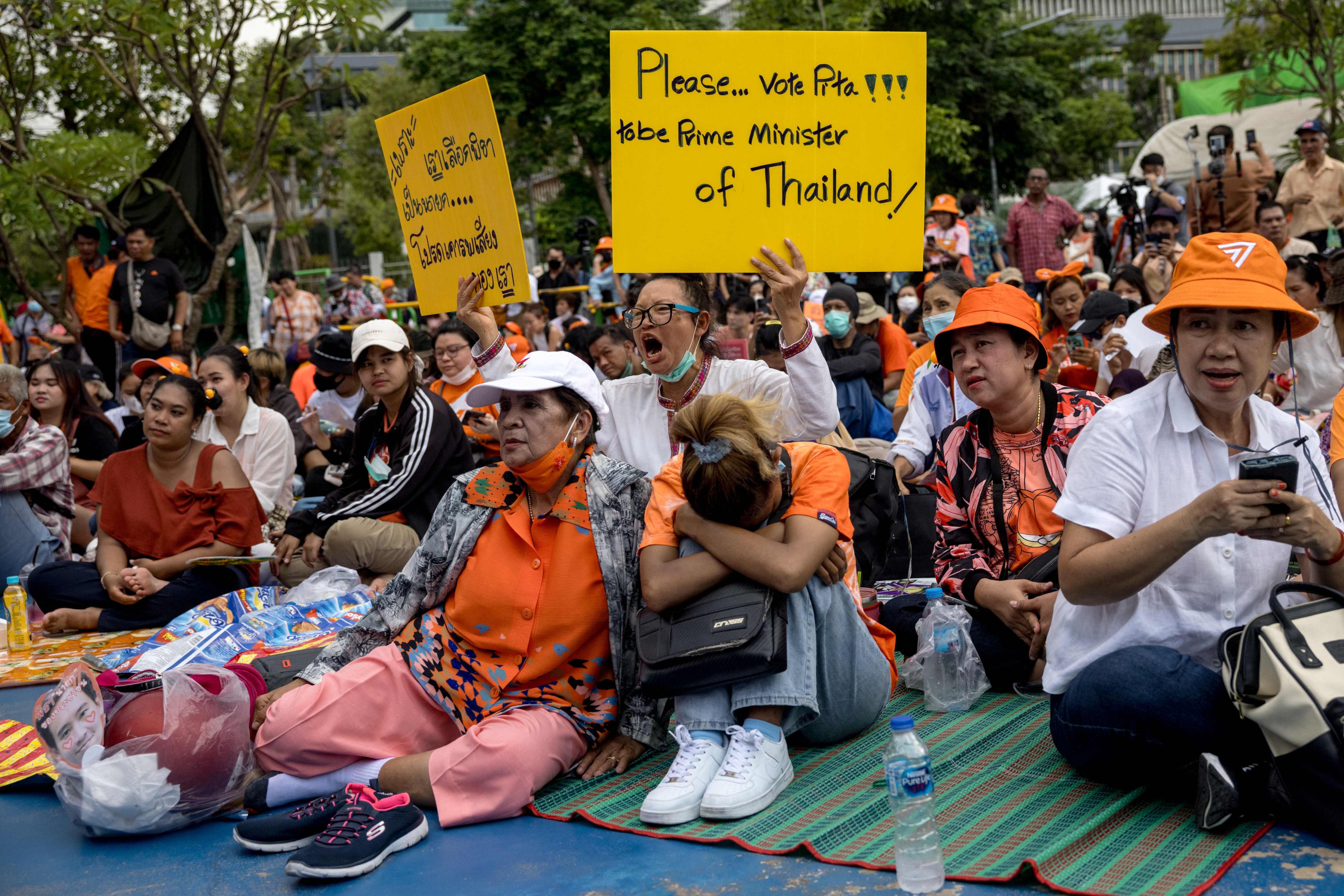 Move Forward Party supporters gather outside the Thai parliament in Bangkok on July 13. Photo: AFP  
