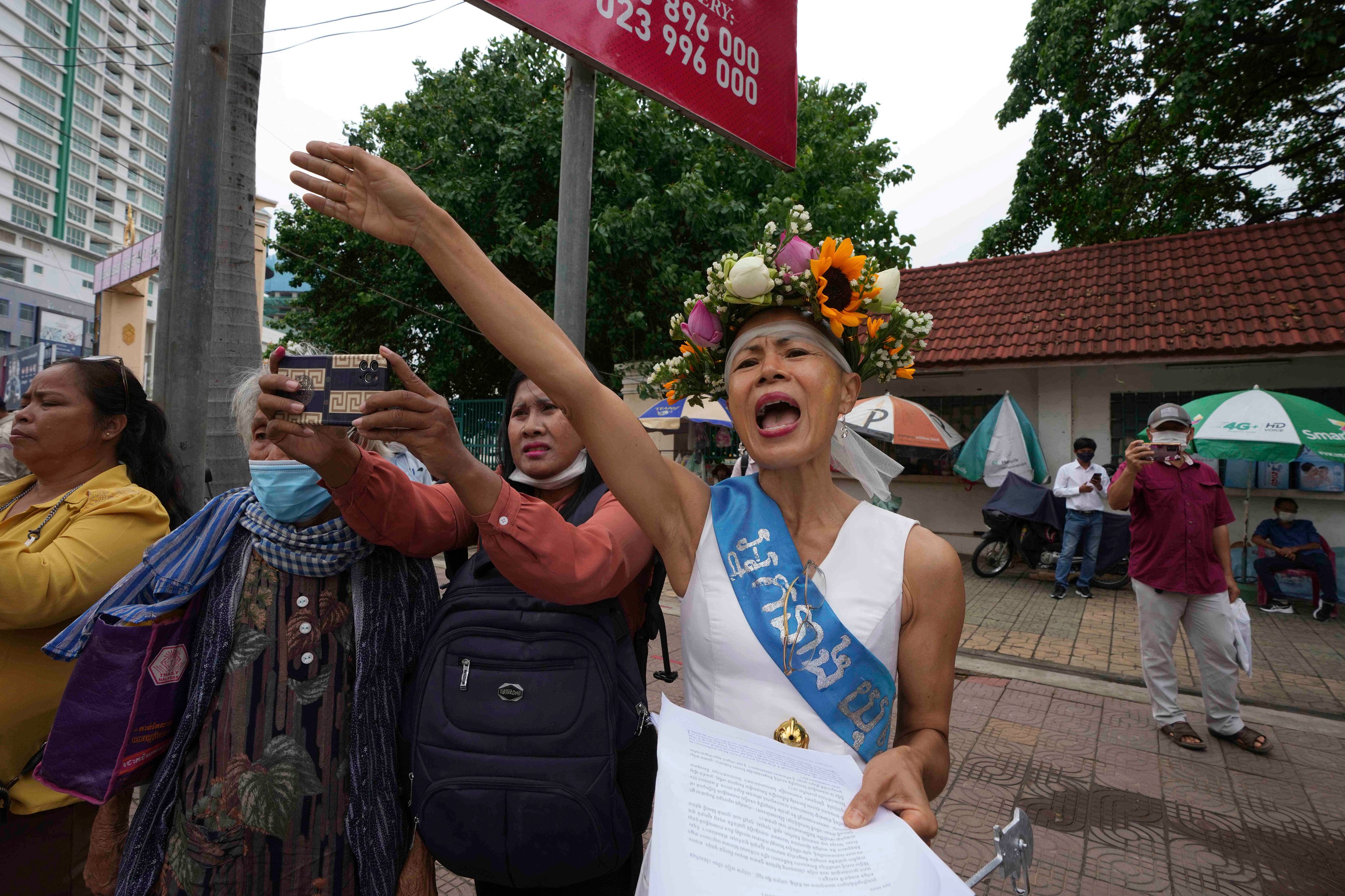 Cambodian-American lawyer Theary Seng outside Phnom Penh Municipal Court in May 2022. Photo: AP