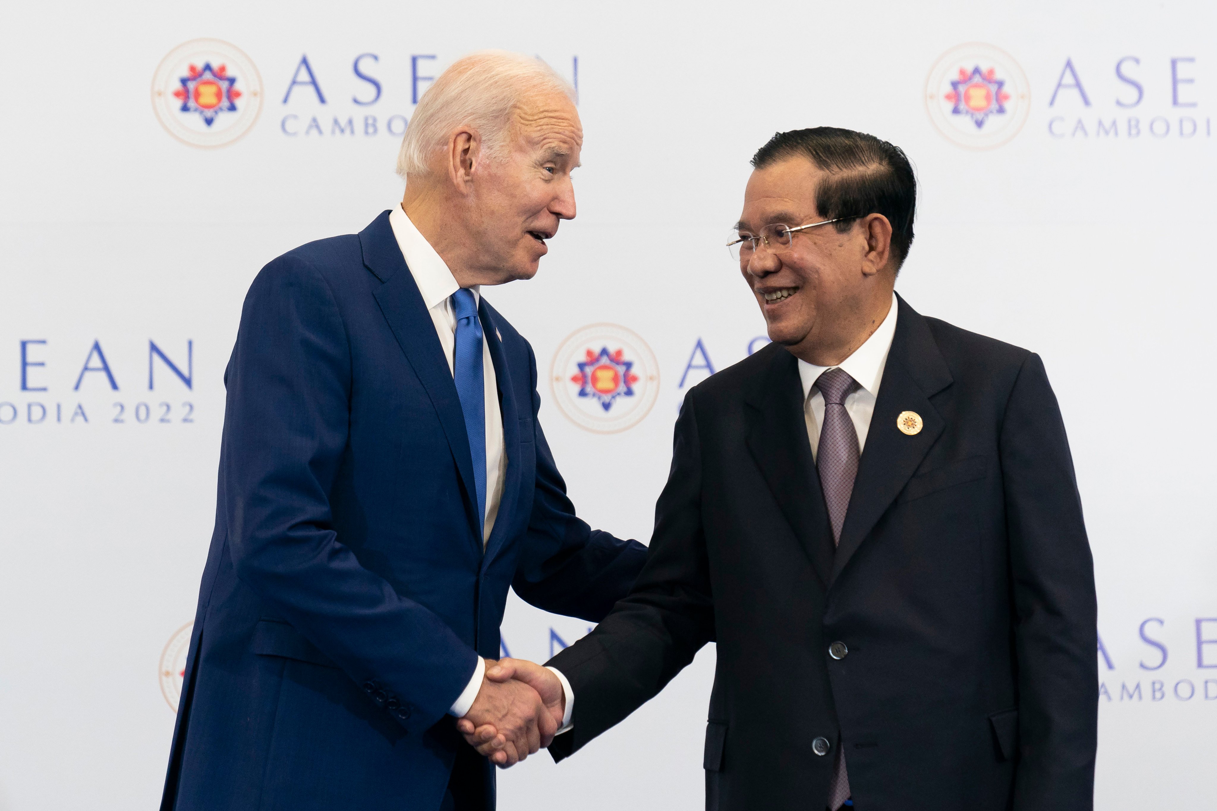 US President Joe Biden shakes hands with Cambodian Prime Minister Hun Sen before their meeting at November’s Asean summit in Phnom Penh. Photo: AP