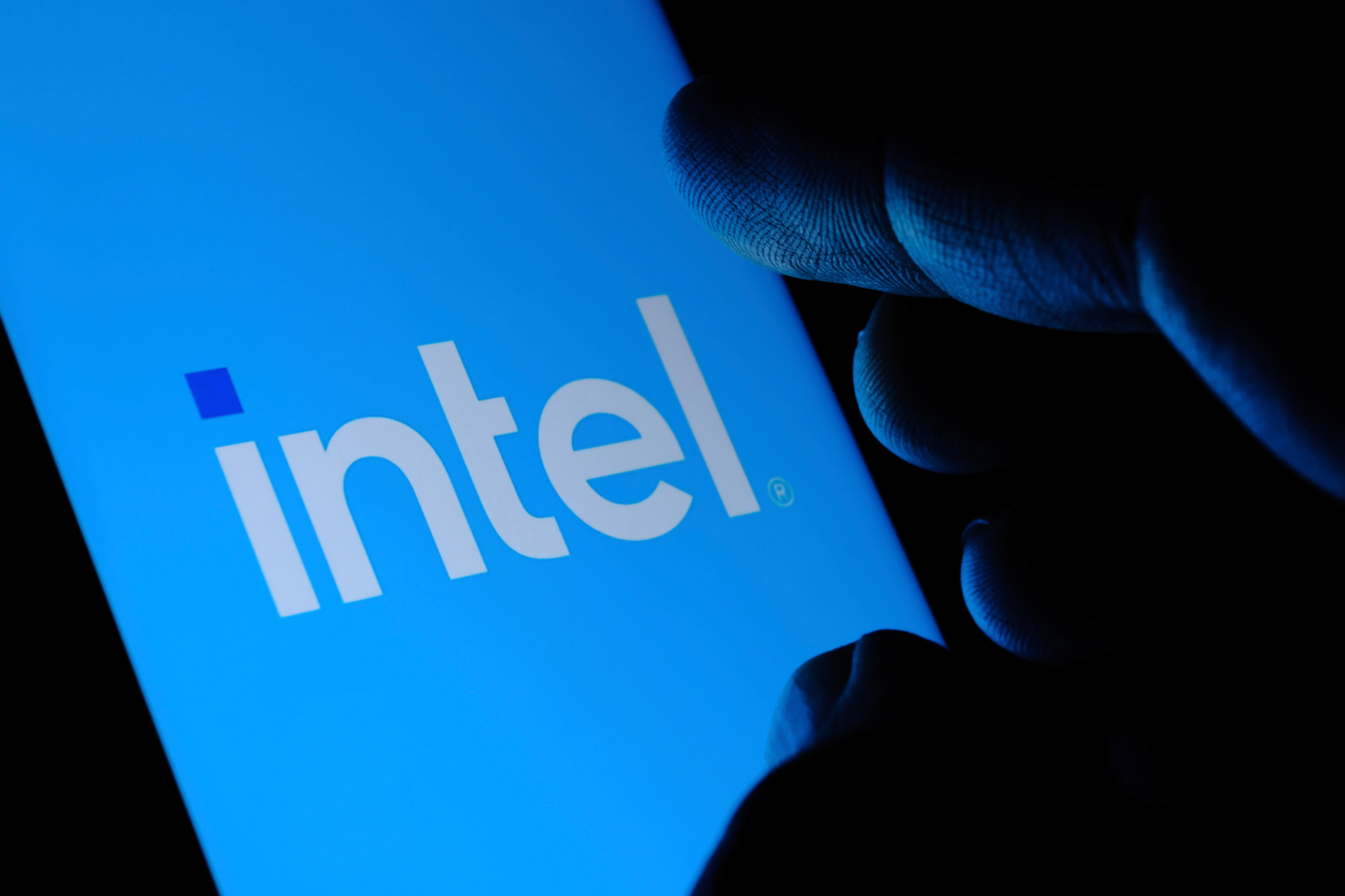 The Intel logo is seen on a smartphone screen in this arranged photograph. Photo: Shutterstock Images