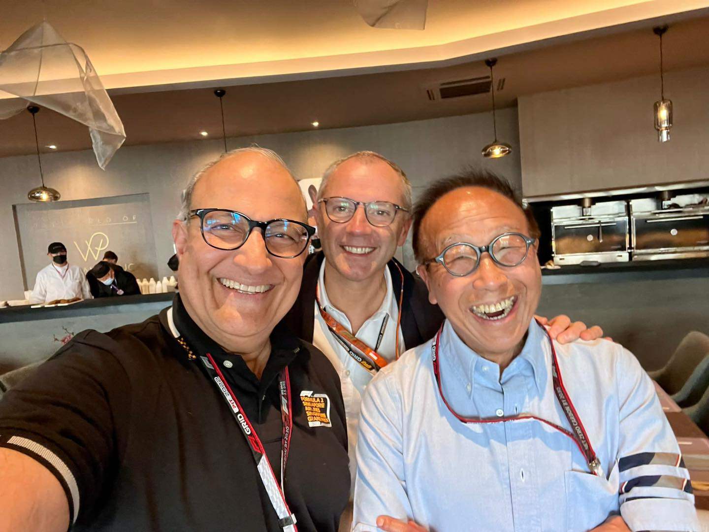 Singapore’s Transport Minister S. Iswaran (left) with Formula One group chief executive Stefano Domenicali and HPL co-founder Ong Beng Seng (right) during the 2022 Singapore Formula One grand prix. Photo: Facebook/SIswaran