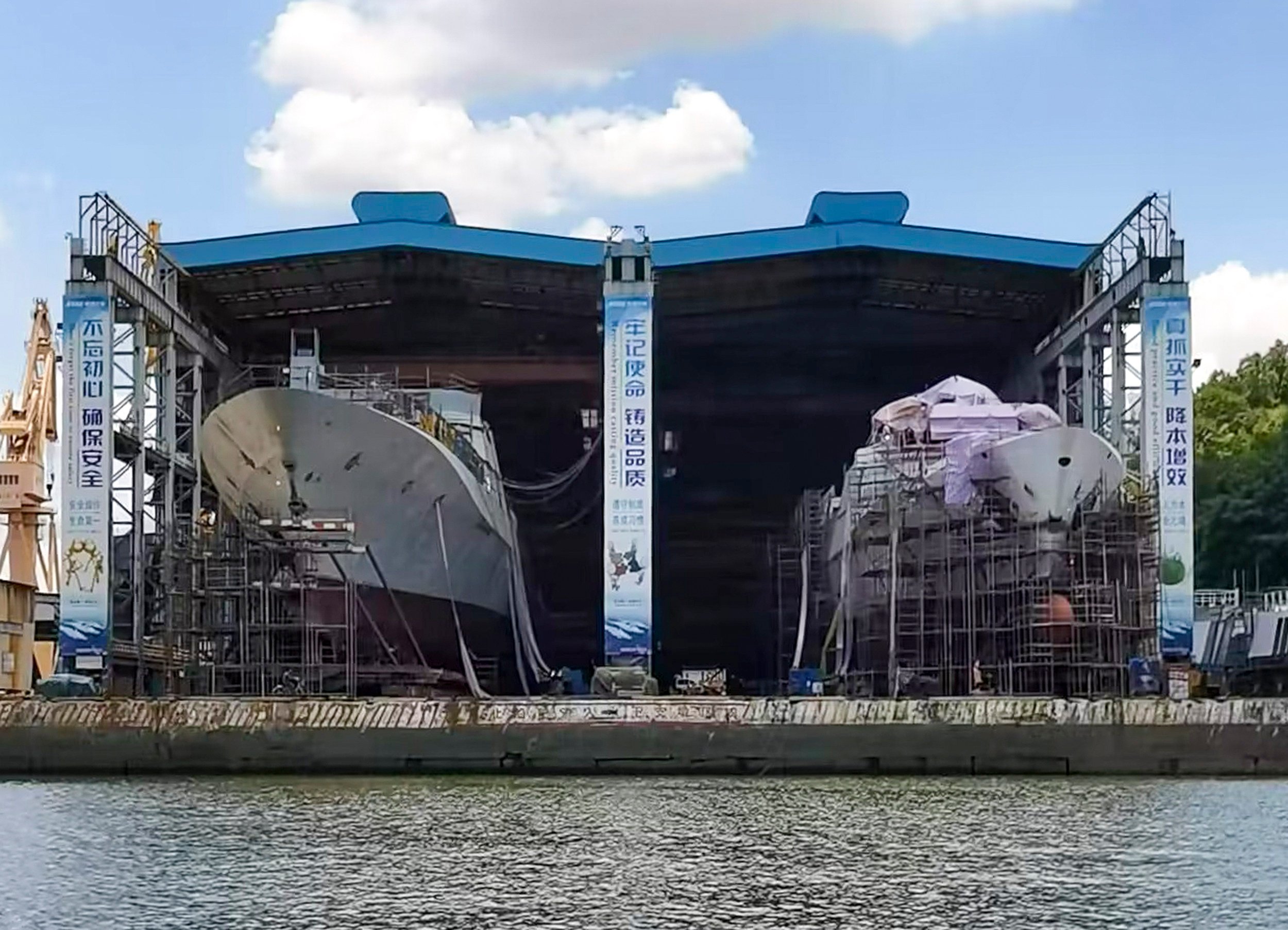 China is expected to launch its Type 054B frigate, shown here on the left next to its predecessor, by the end of the year. Photo: Weibo