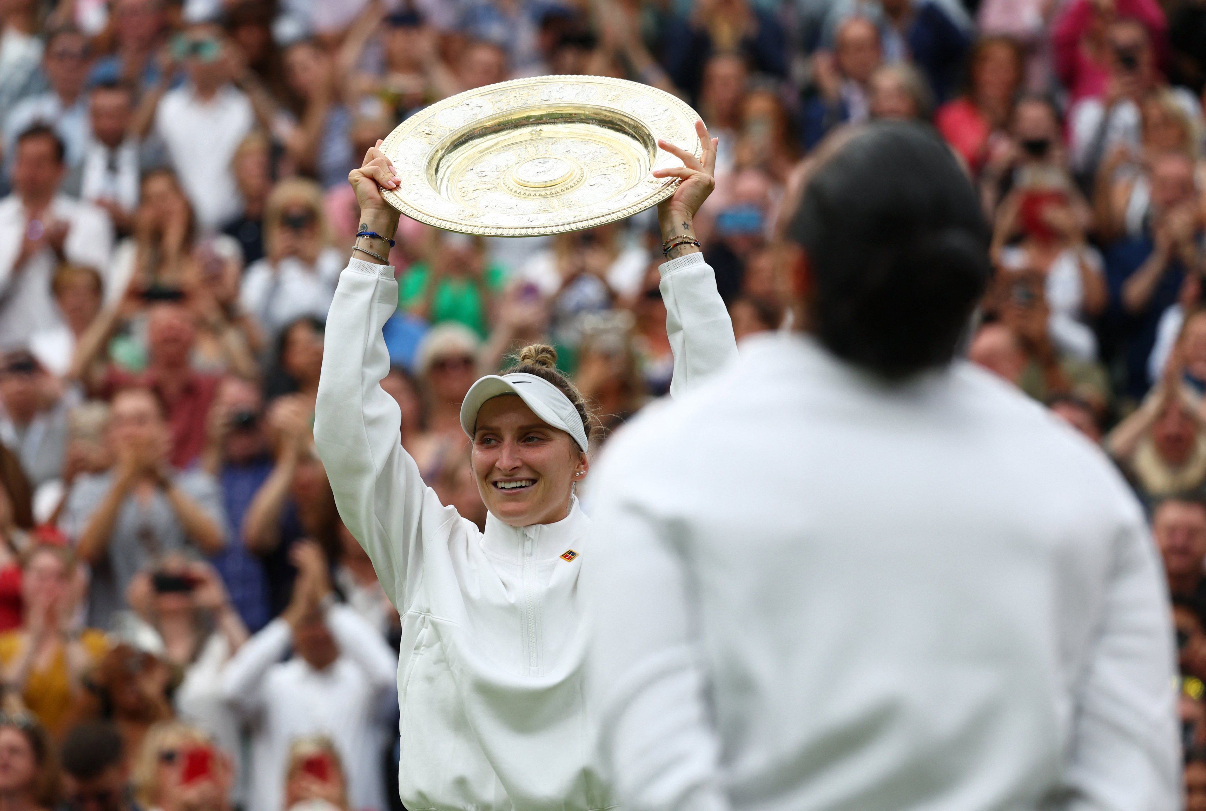 The Czech Republic’s Marketa Vondrousova celebrates after winning the women’s singles title at Wimbledon. Photo: Reuters