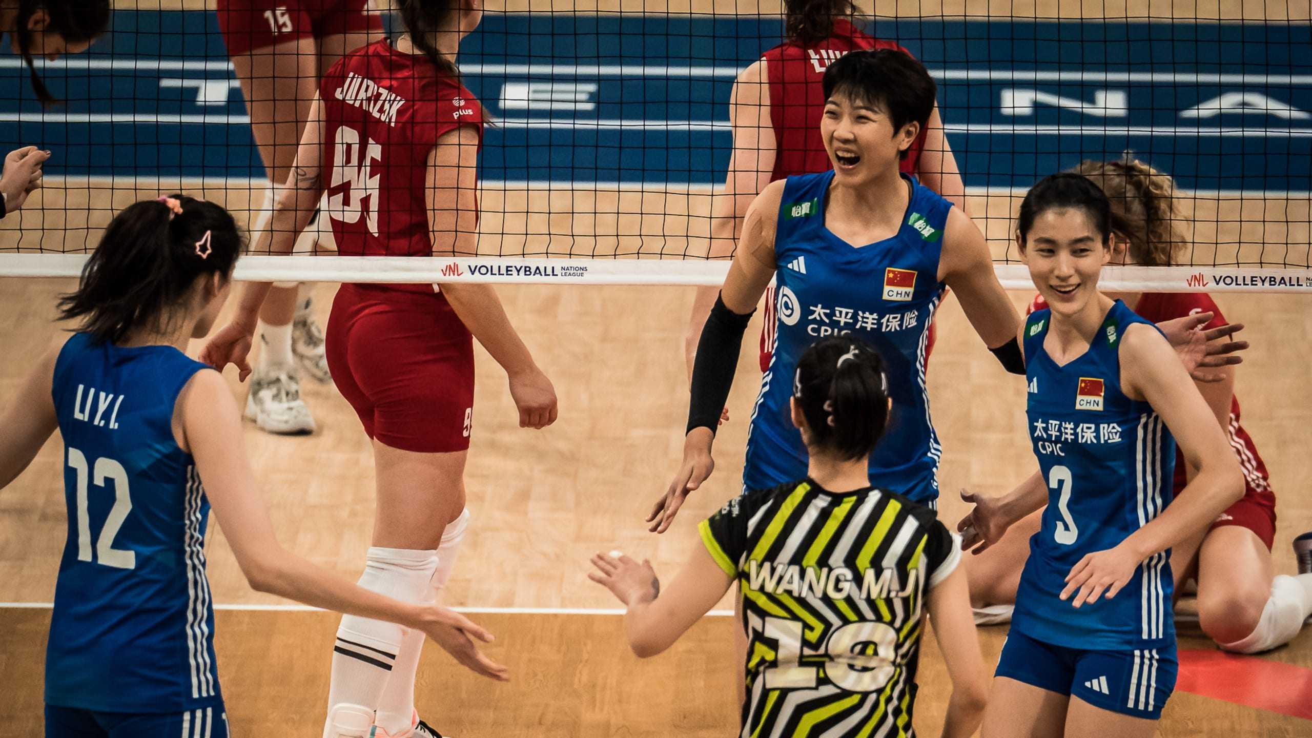 China’s captain Yuan Xinyue (second from right) celebrates during the semi-final win over Poland. Photo: Volleyball Nations League