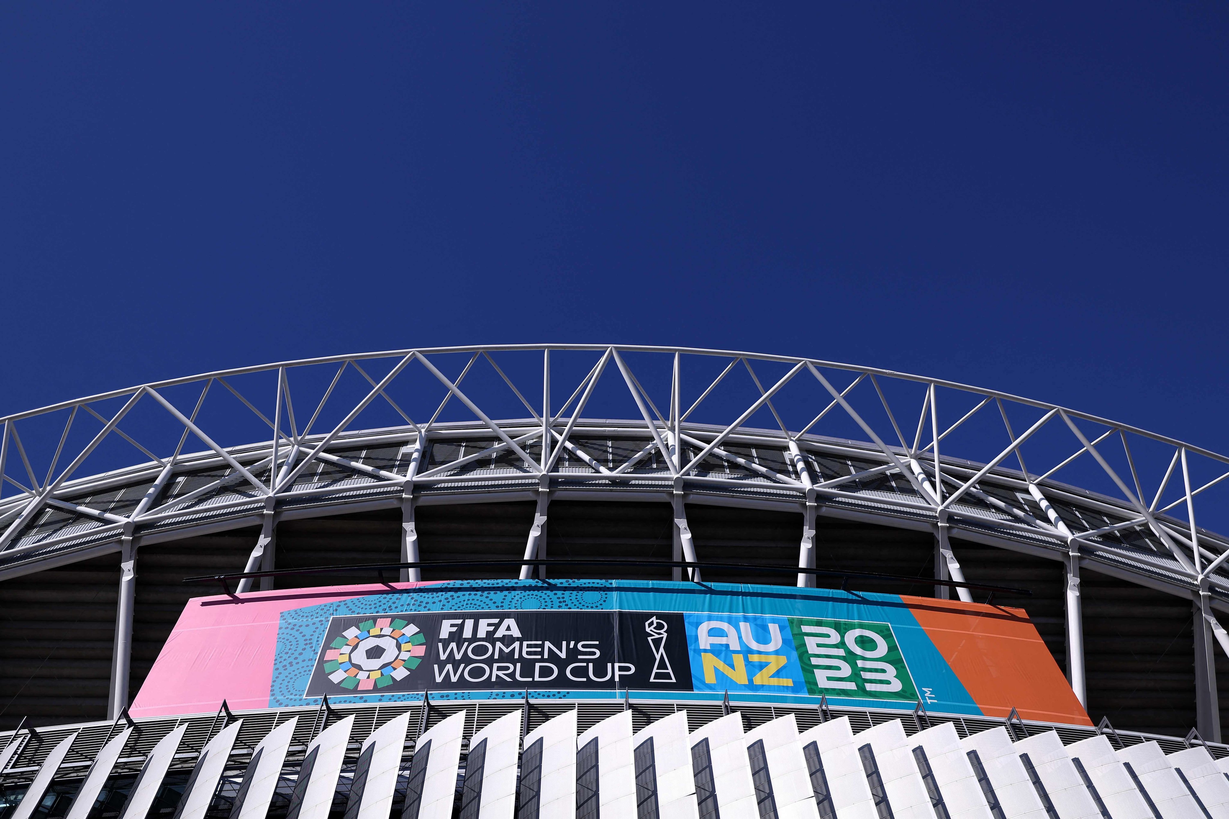 A banner promoting the Fifa Women’s World Cup hangs the Olympic Stadium in Sydney. Photo: AFP