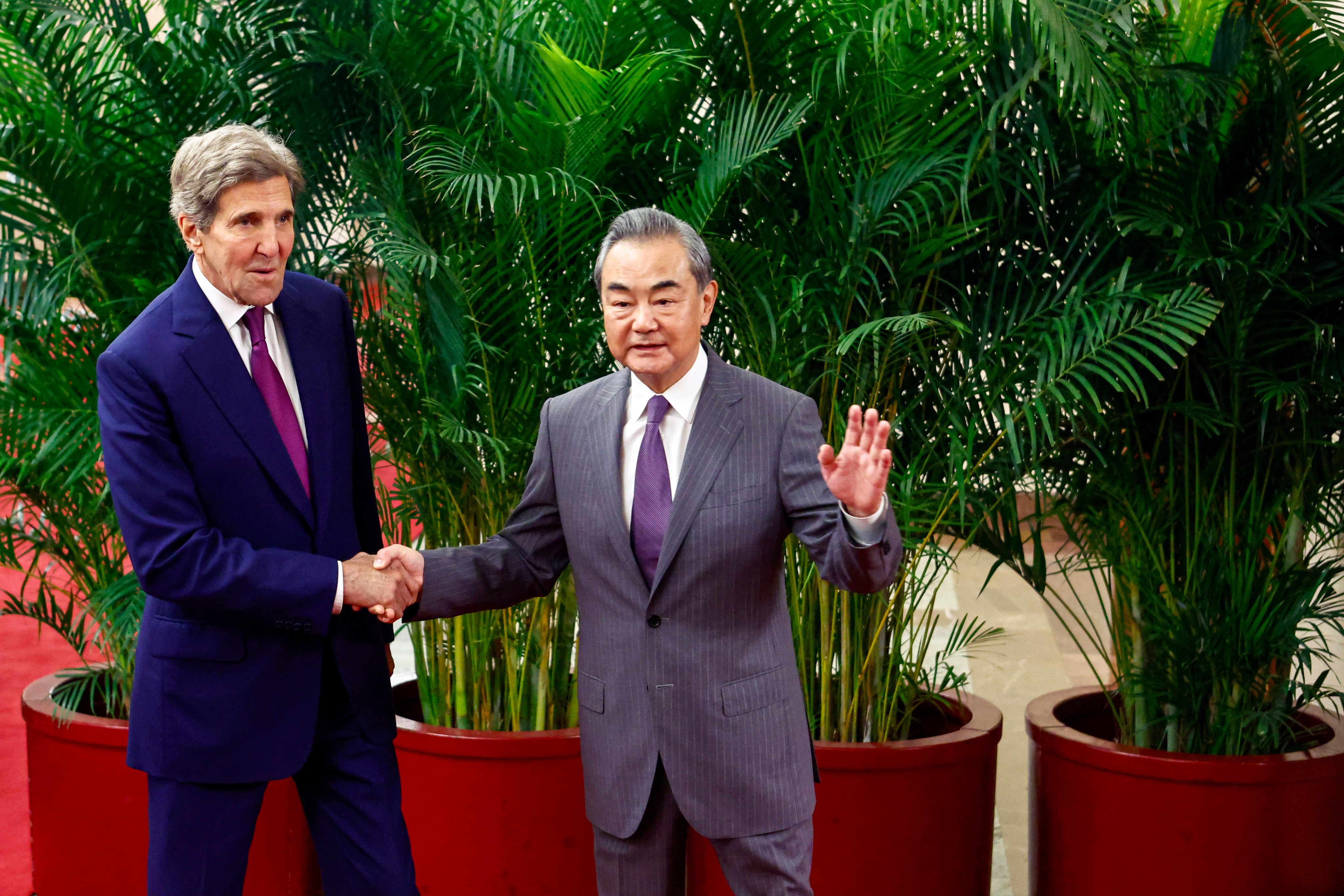 US climate envoy John Kerry and China’s foreign policy chief Wang Yi pictured ahead of their meeting in Beijing. Photo: AP