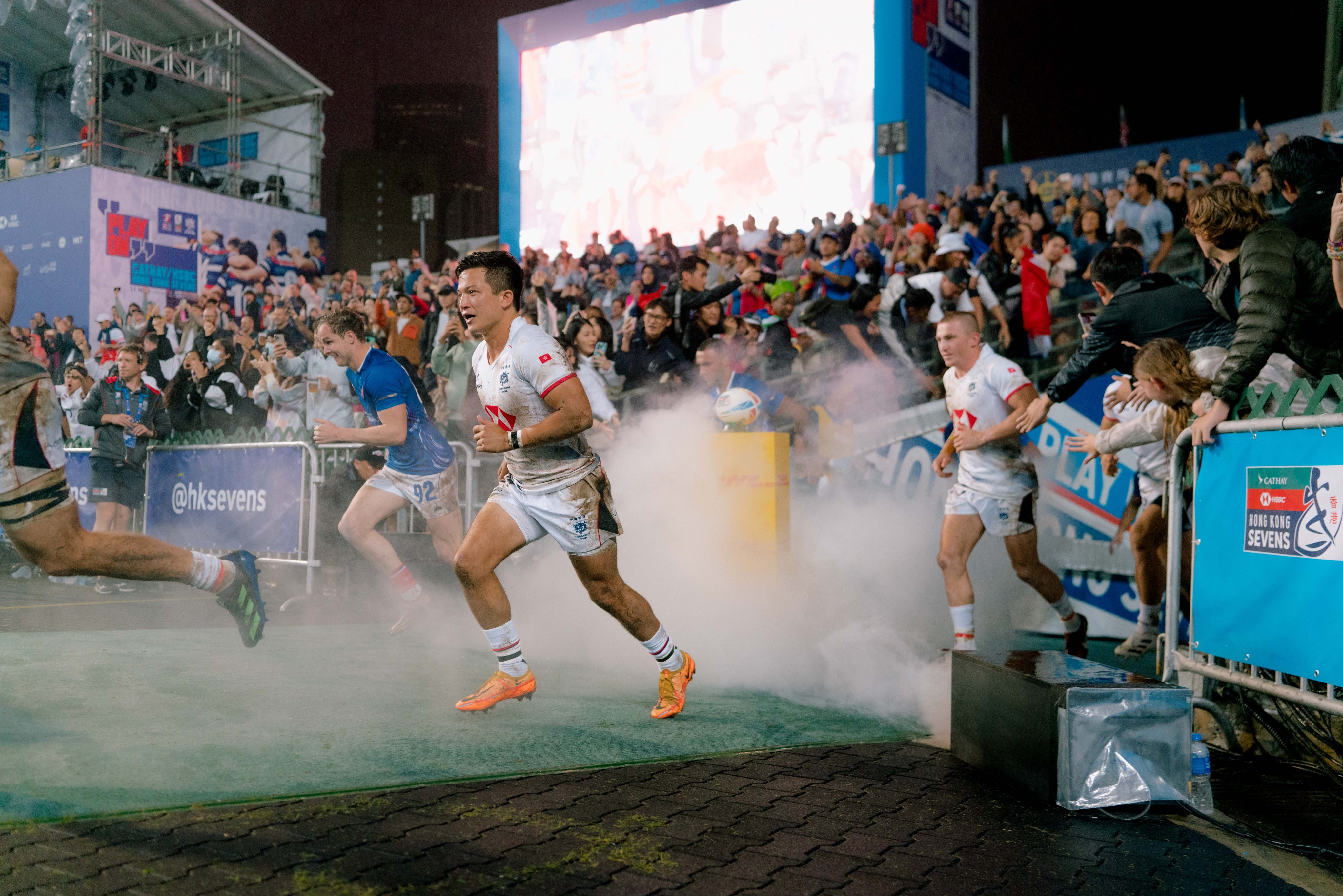 The Hong Kong team runs out during a game at the Sevens in April. Photo: World Rugby
