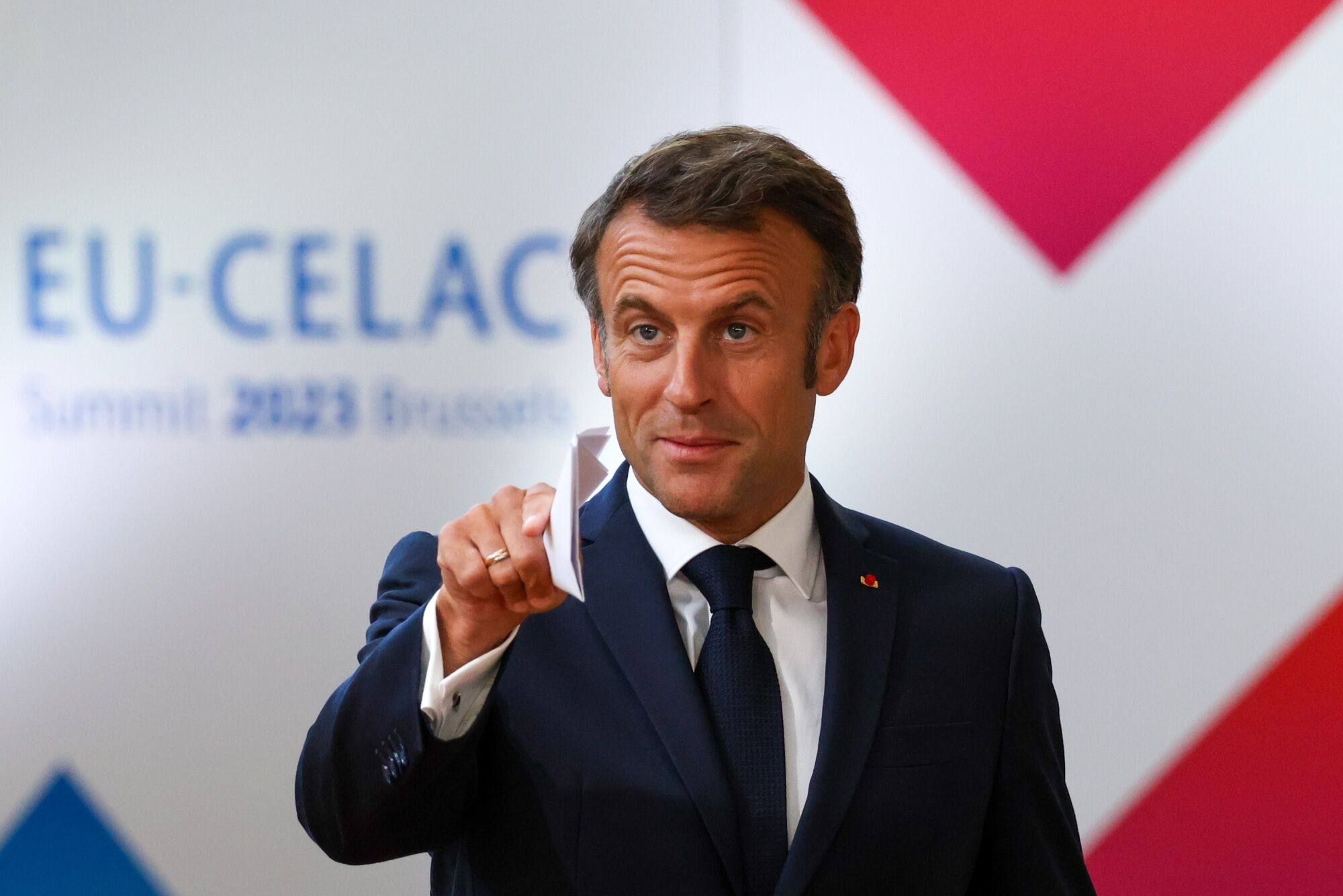 French President Emmanuel Macron attends the European Union and Community of Latin American and Caribbean States summit in Brussels on Tuesday. Photo: Bloomberg