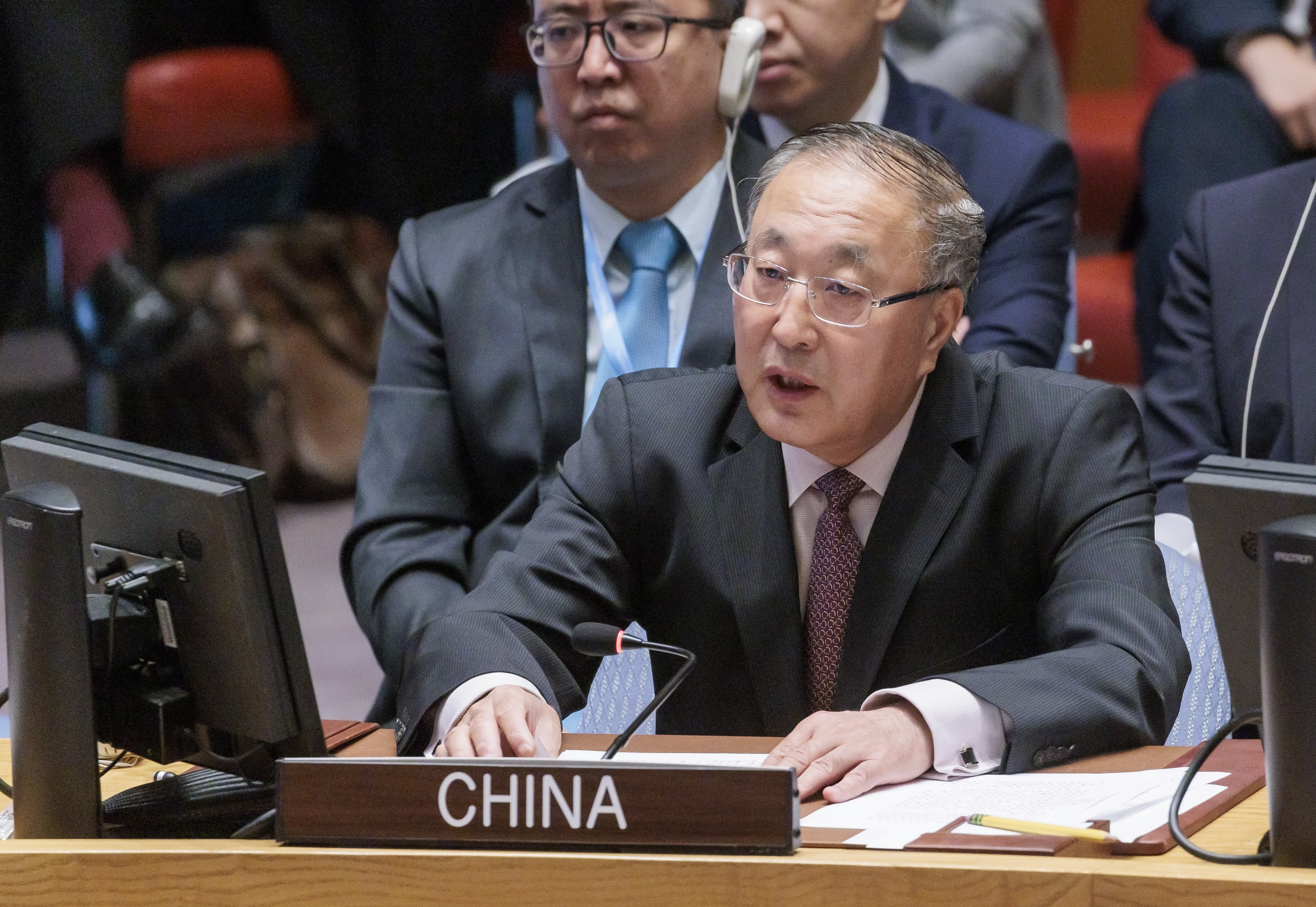 Zhang Jun, China’s ambassador to the United Nations, speaks during the Security Council meeting on artificial intelligence in New York on Tuesday. Photo: EPA-EFE