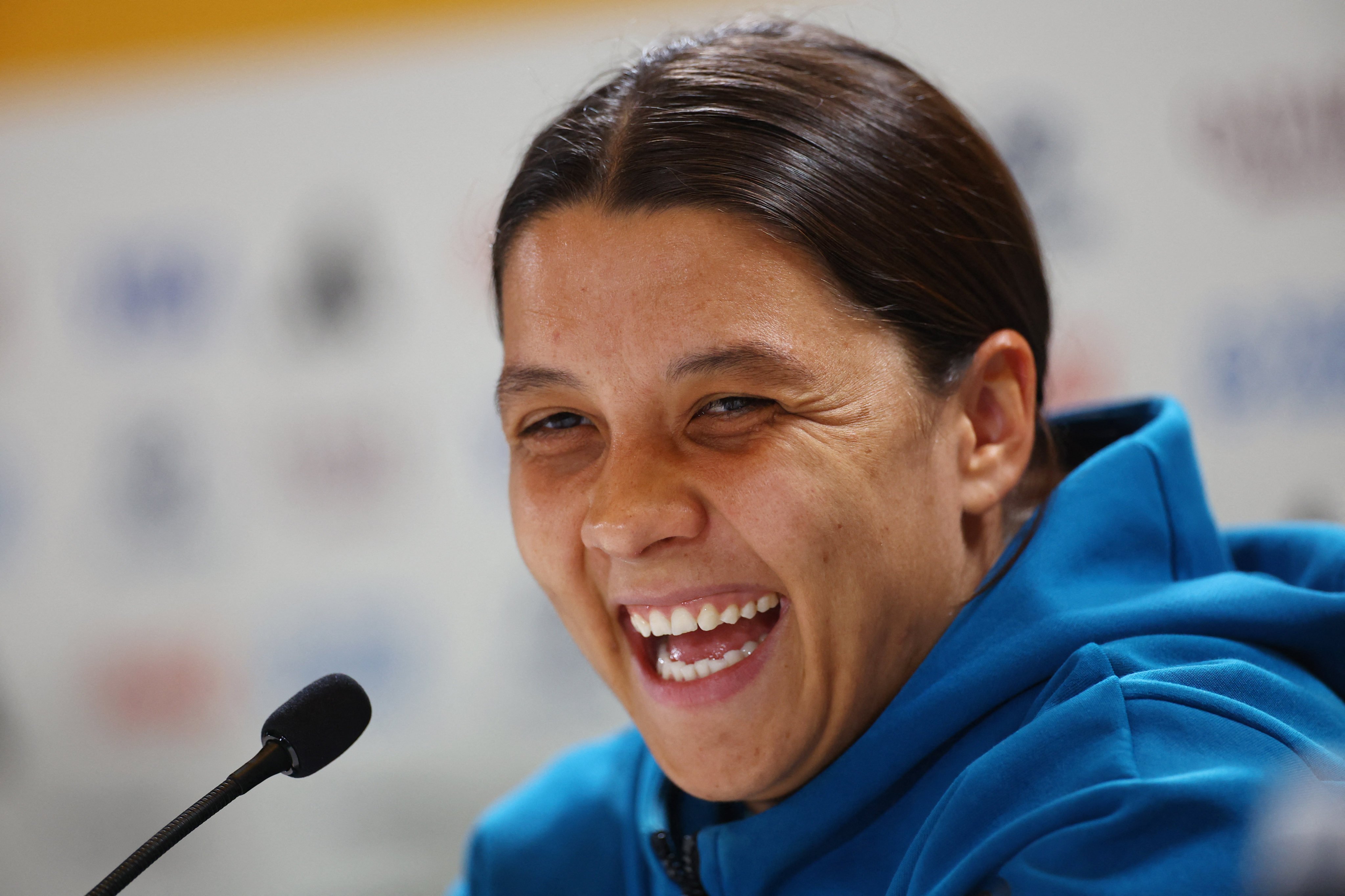 Australia’s Sam Kerr chats to the press ahead of her side’s opening game against Ireland. Photo: Reuters