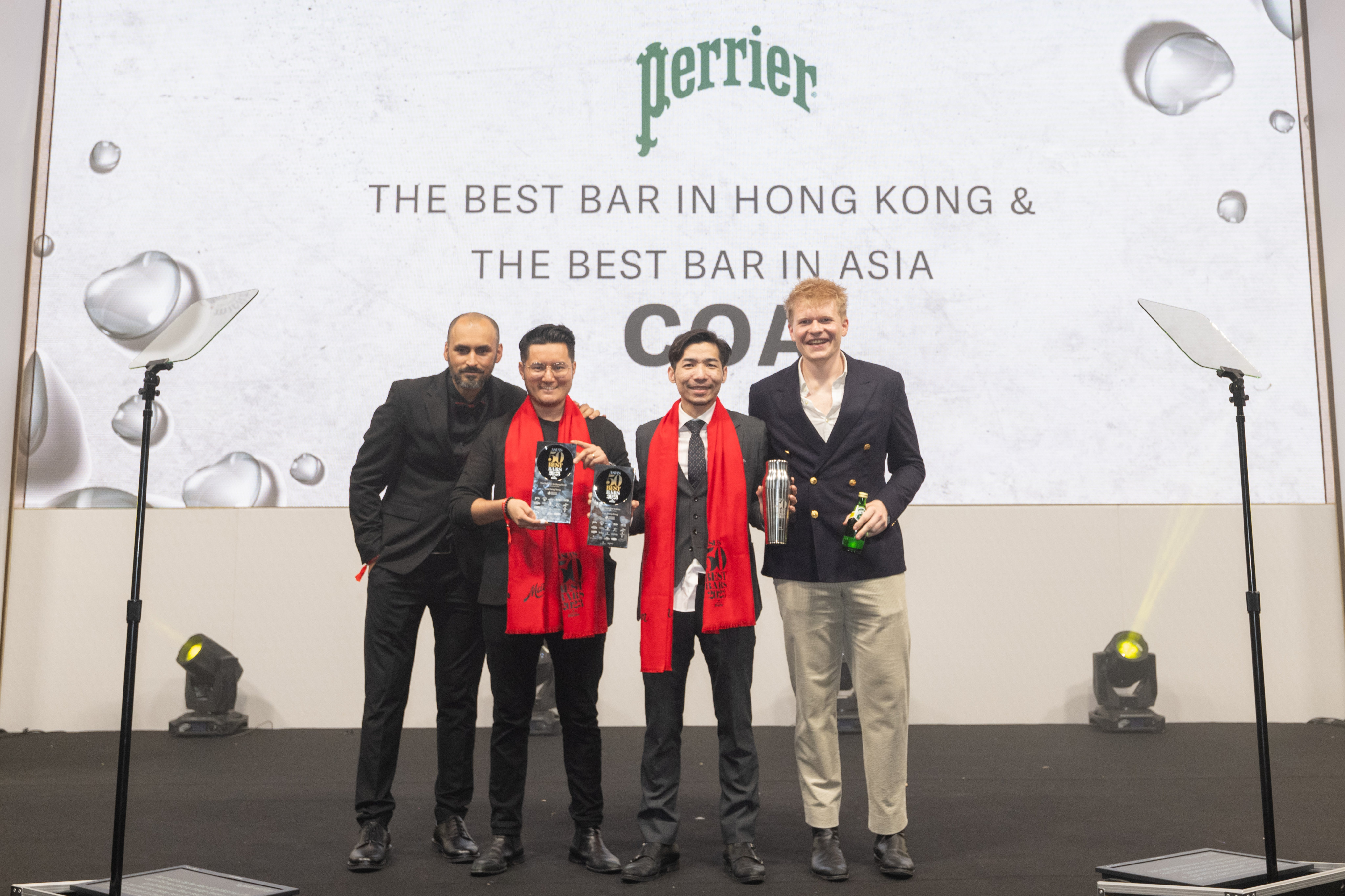 Coa’s Jay Khan, Ajit Gurung and Lok Cheung celebrate the bar’s third consecutive No1 at the Asia’s 50 Best Bars 2023 awards ceremony. Photo: Asia’s 50 Best Bars