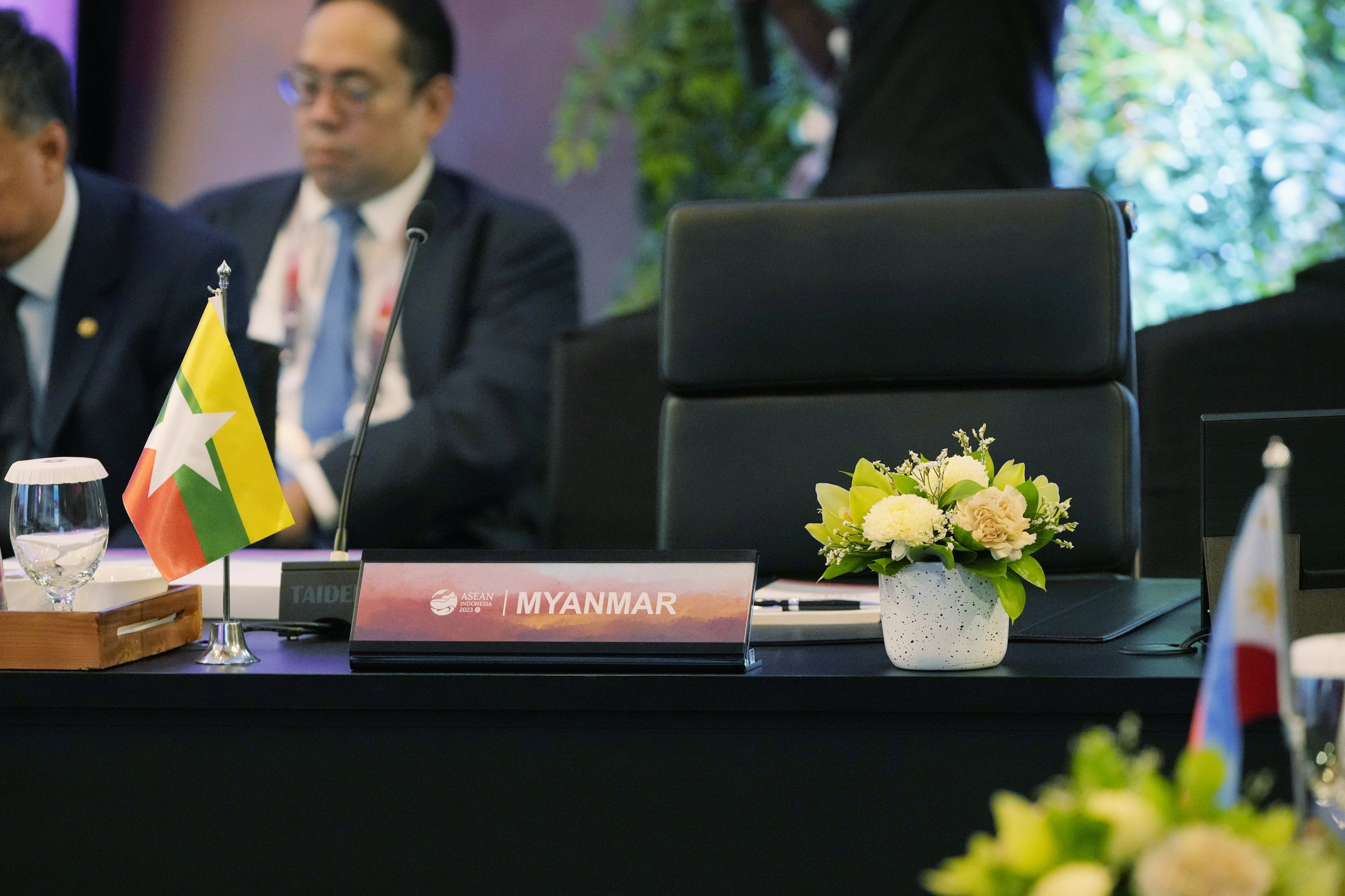 The seat reserved for Myanmar is left empty during the Meeting of the Southeast Asia Nuclear Weapon Free Zone Commission at the Asean Foreign Minister’s Meeting in Jakarta, Indonesia. Photo: Pool/AP
