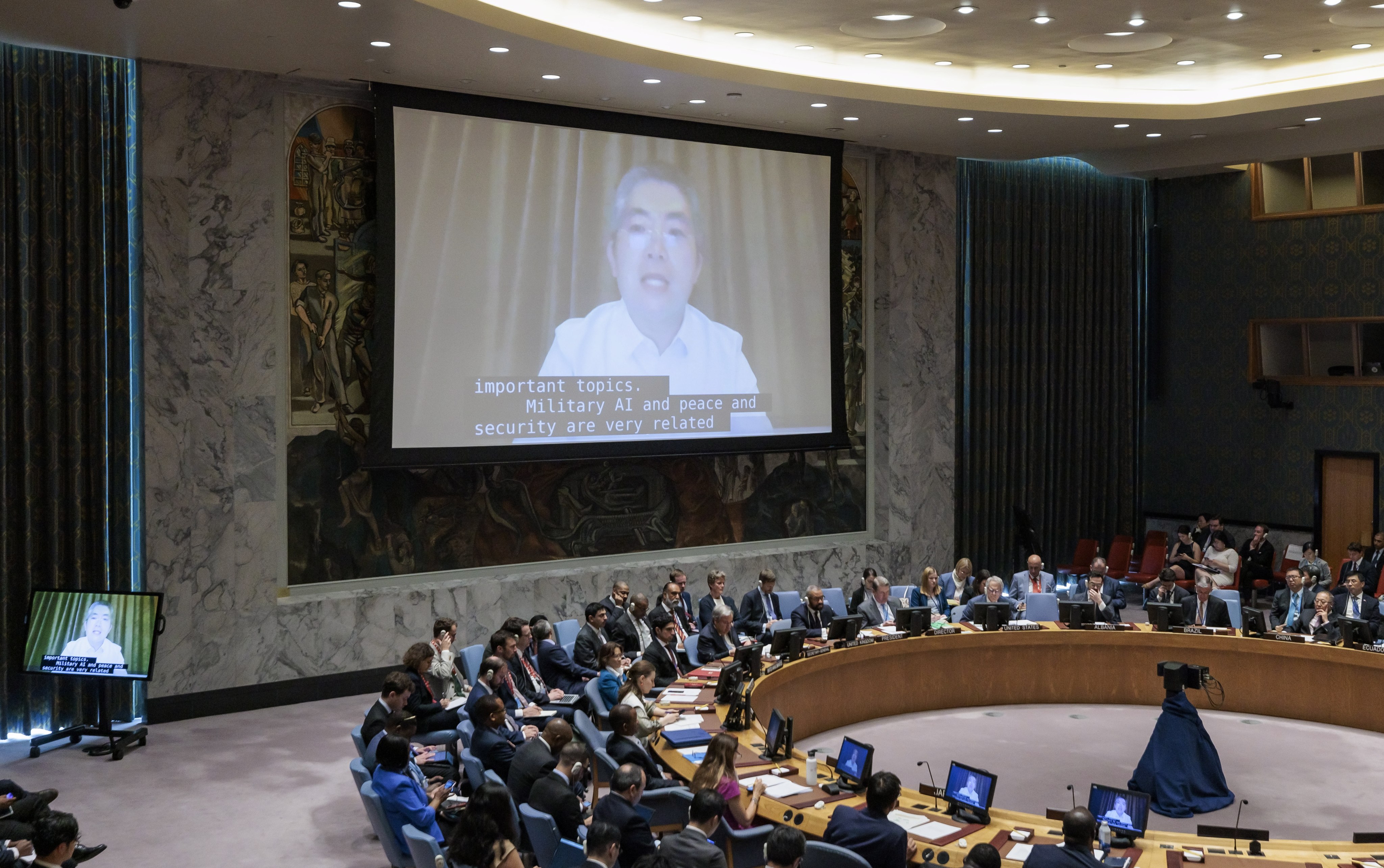 Professor Yi Zeng of The Alan Turing Institute is seen on a screen as he speaks during a United Nations Security Council meeting called to address the growing influence of artificial intelligence at United Nations headquarters in New York on July 18. Photo: EPA-EFE