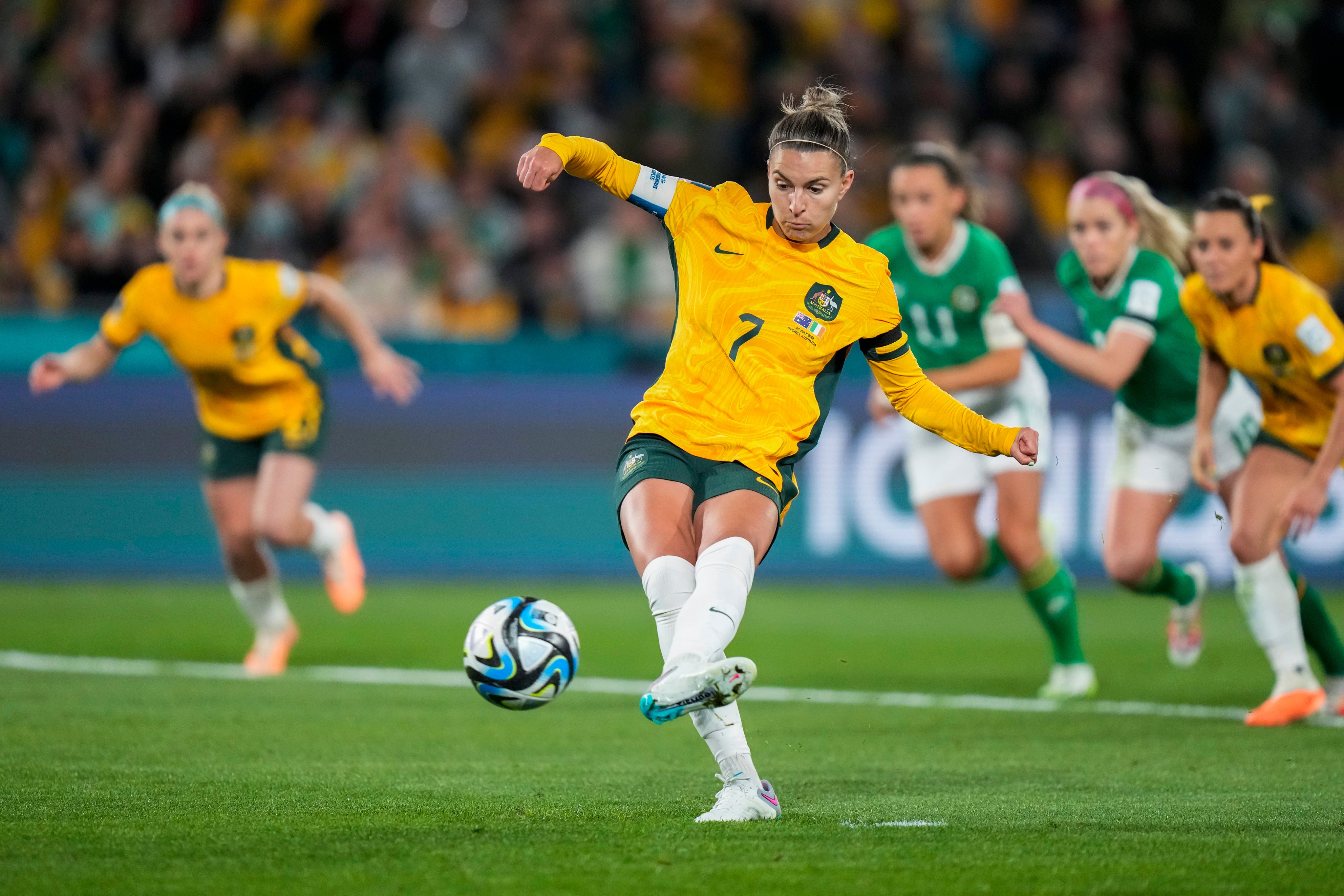 Australia’s Steph Catley scores the penalty that gave her side victory over Ireland. Photo: AP