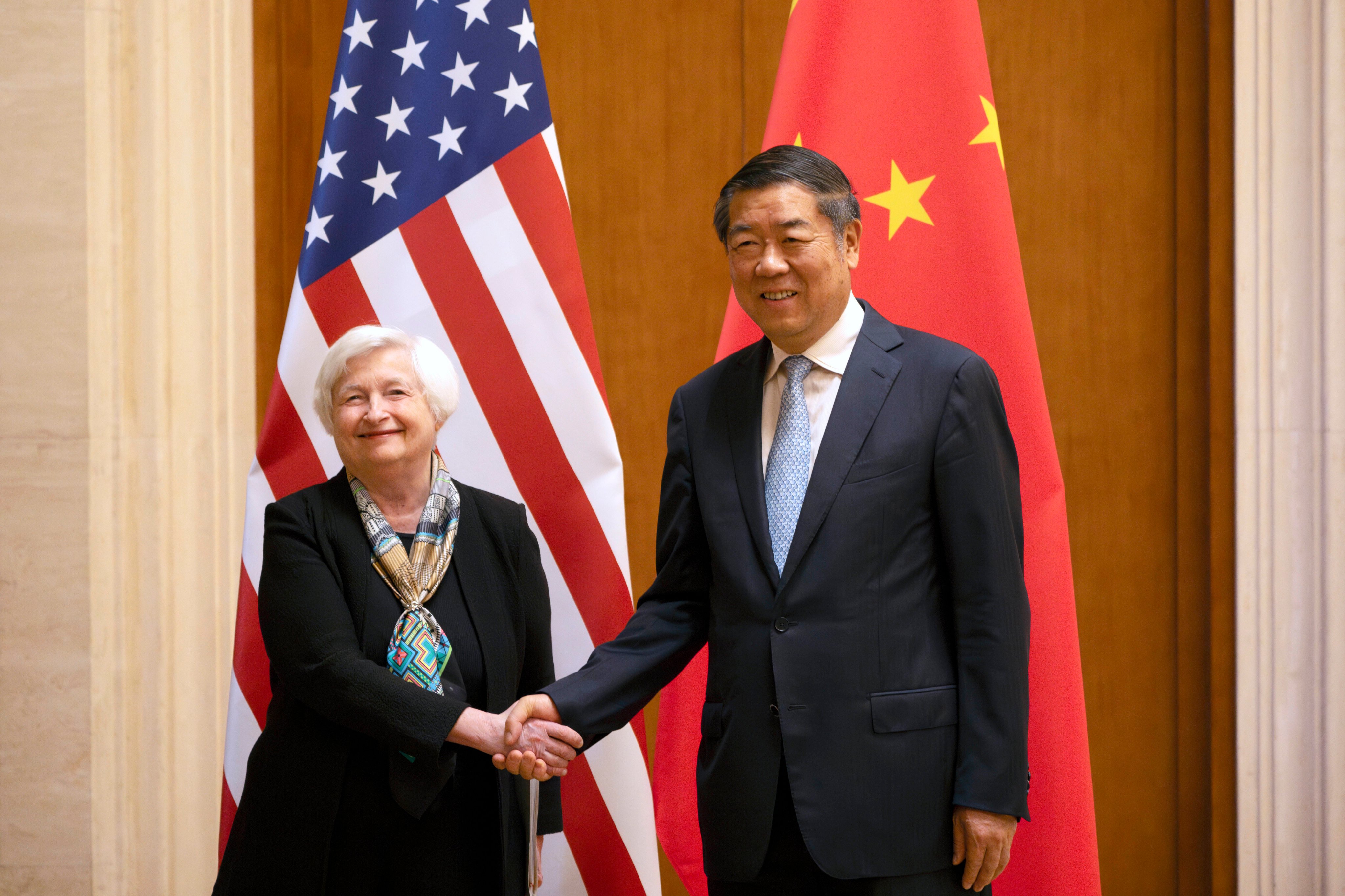 US Treasury Secretary Janet Yellen shakes hands with Chinese Vice-Premier He Lifeng during a meeting at the Diaoyutai State Guesthouse in Beijing on July 8. Photo: AP
