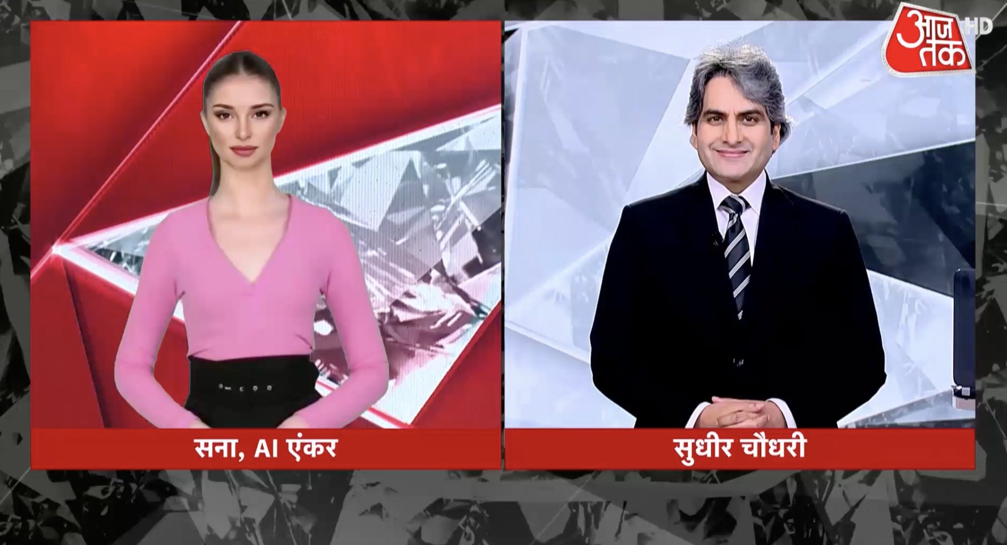 Sana, đồng dẫn tin tức giờ vàng cùng với Sudhir Chaudhary trên Aaj Tak.  Ảnh: Tài liệu phát tay