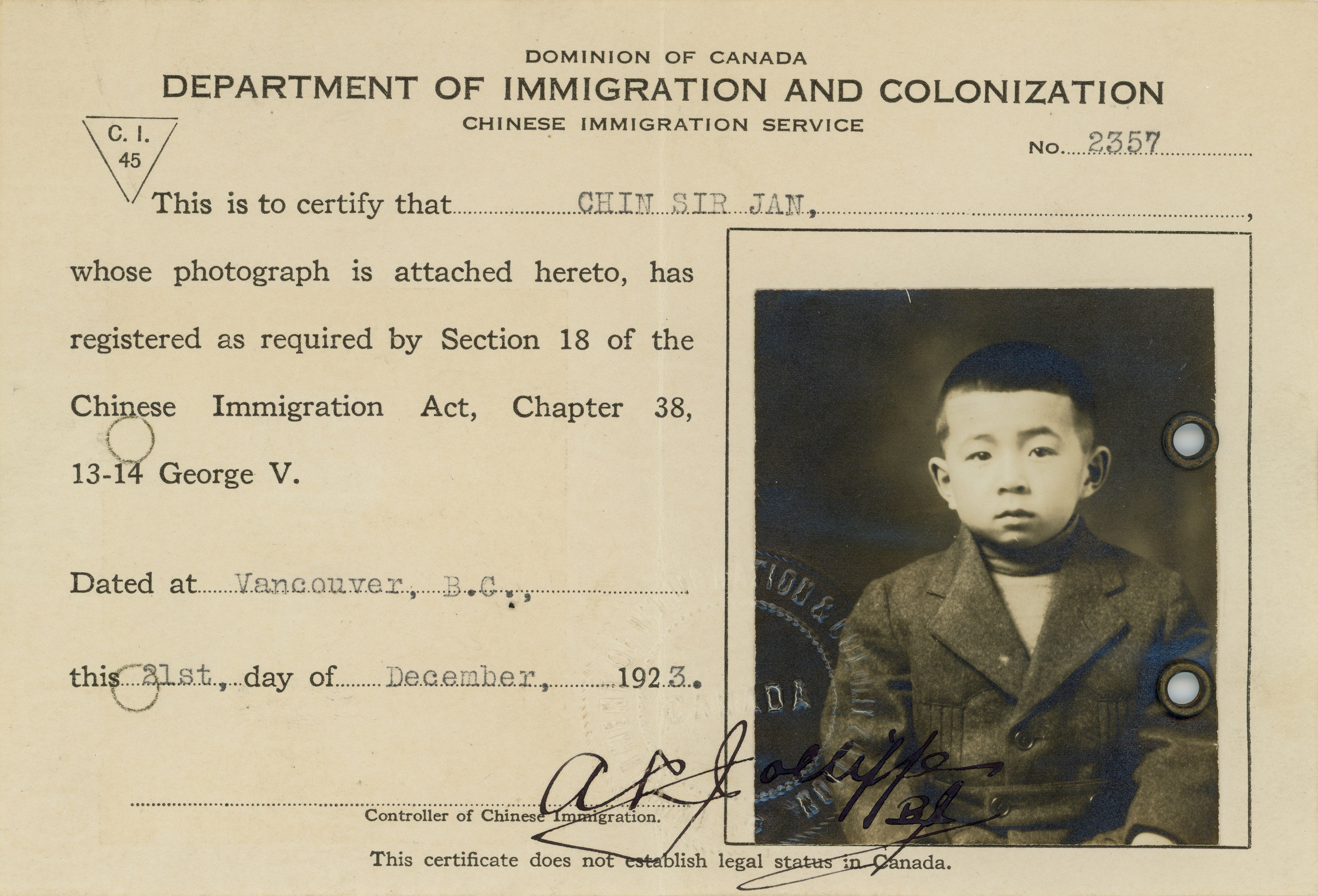 A Chinese Immigration certificate for Chin Sir Jan. The Chinese Canadian Museum in Vancouver’s “The Paper Trail to the 1923 Exclusion Act” exhibition showcases the lost and harrowing stories of Chinese immigrants who come to Canada. Photo: Chinese Canadian Museum