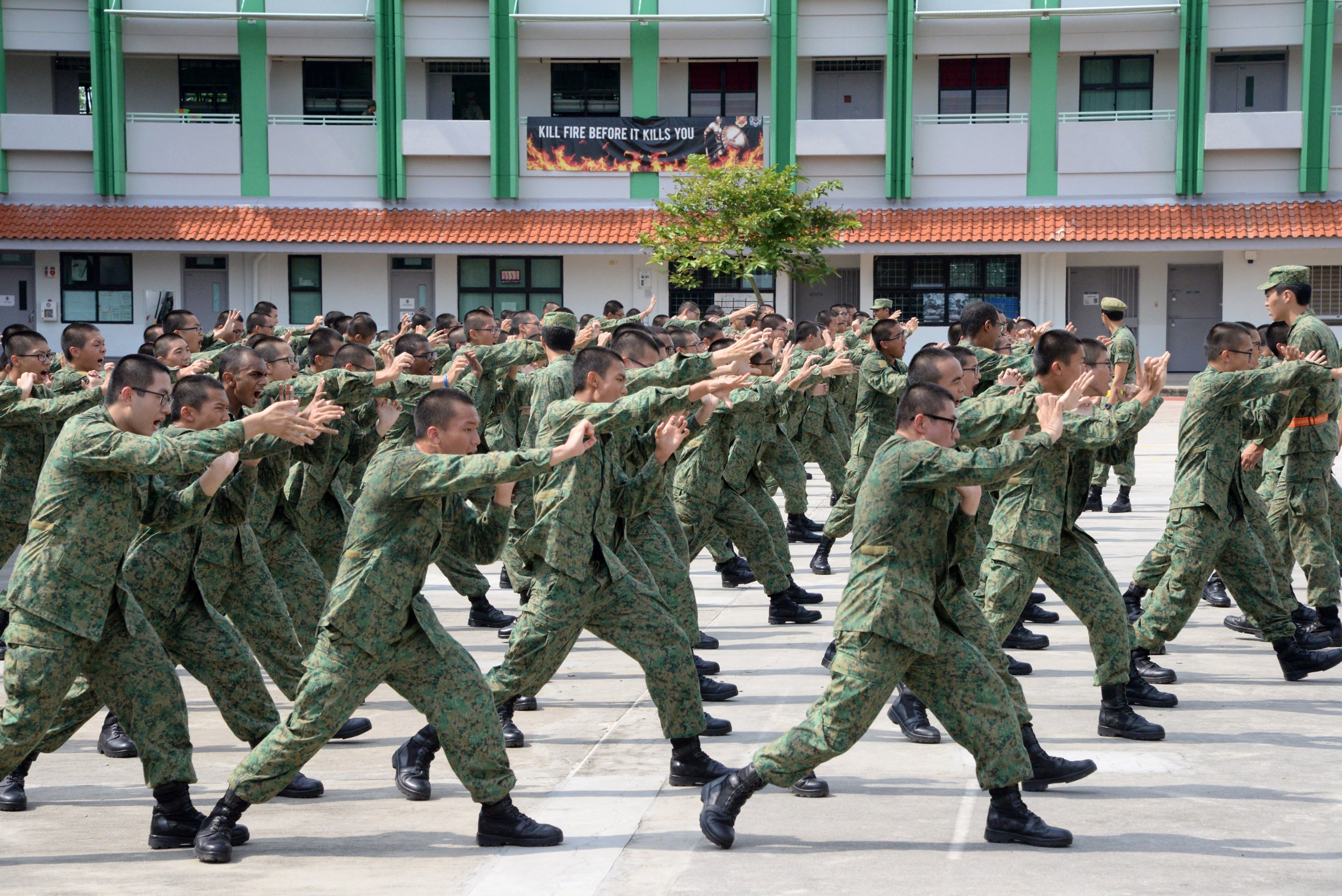 National service recruits demonstrate hand-to-hand combat moves in Singapore as part of their basic training in 2017. Photo: AFP