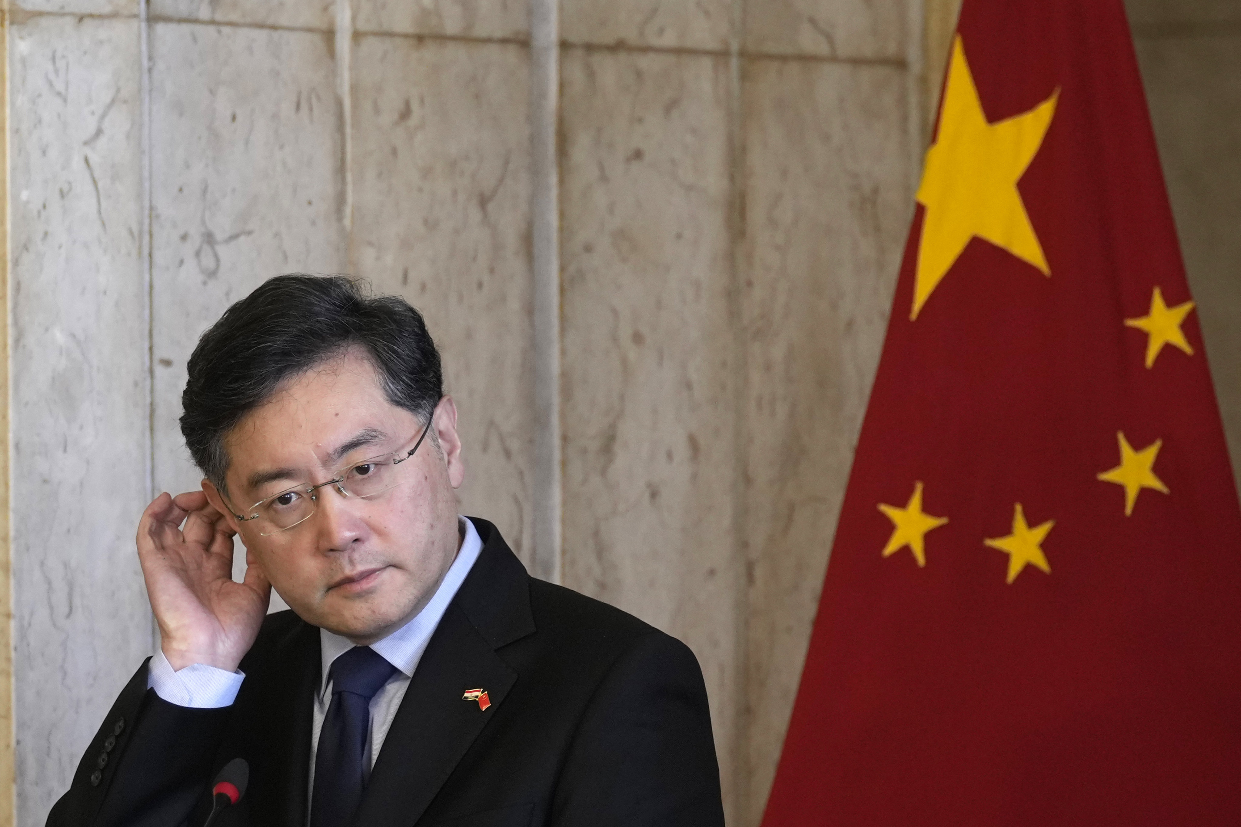 Chinese Foreign Minister Qin Gang, listens during a press conference with his Egyptian counterpart Sameh Shoukry, at the foreign ministry headquarters in Cairo. Photo: AP
