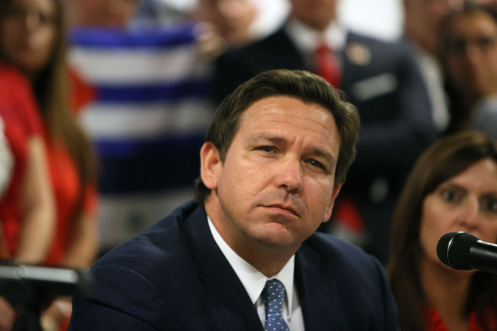 Florida Govenor Ron DeSantis takes part in a roundtable discussion at the American Museum of the Cuba Diaspora in Miami on July 13. Photo: TNS
