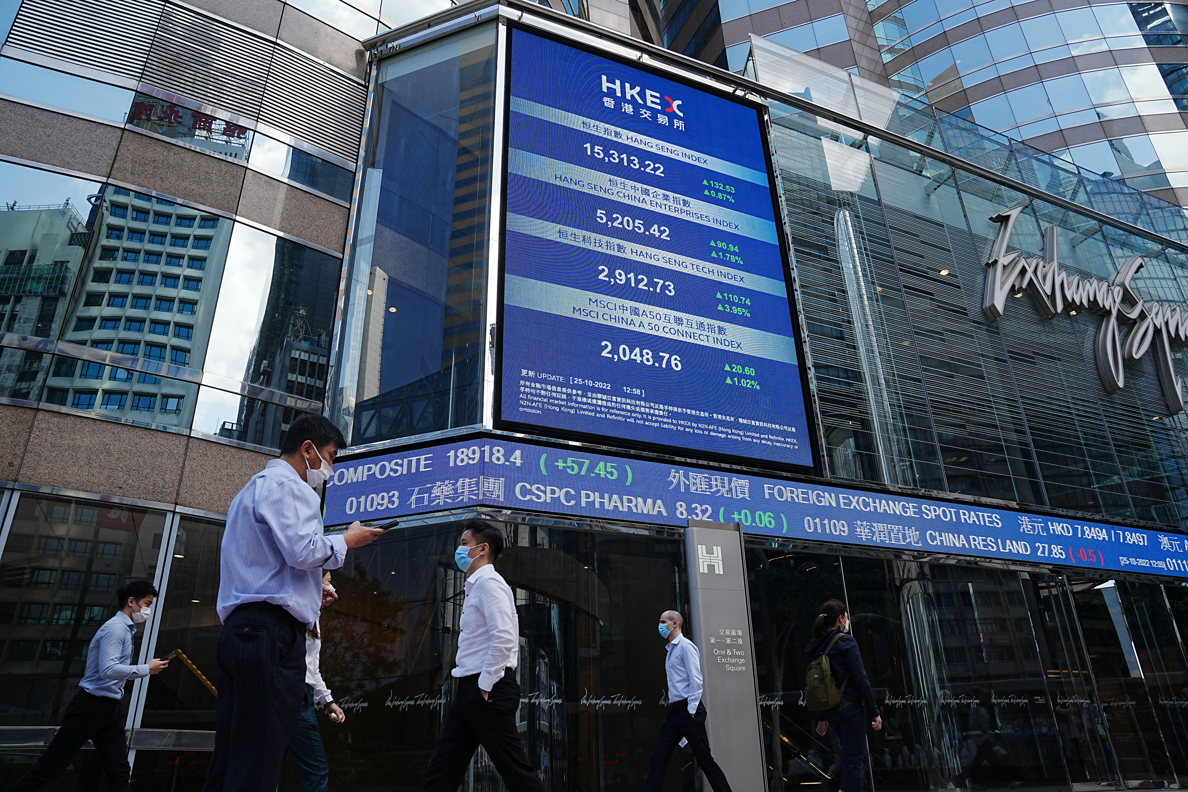 People walk past a screen displaying the Hang Seng Index at Central, Hong Kong in October 2022. Photo: Reuters