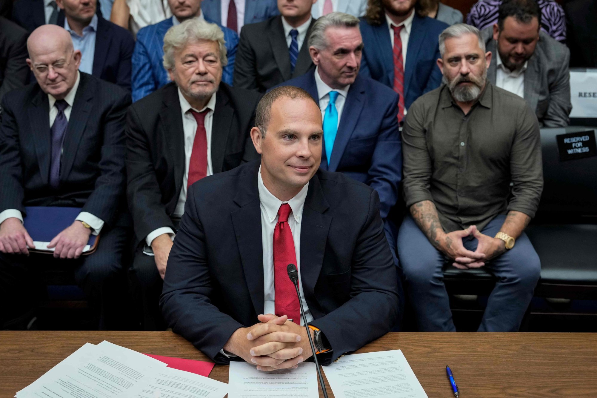 David Grusch, a former intelligence officer, preparing to testify on Wednesday at the hearing, which was titled “Unidentified Anomalous Phenomena: Implications on National Security, Public Safety and Government Transparency”. Photo: Getty Images/AFP
