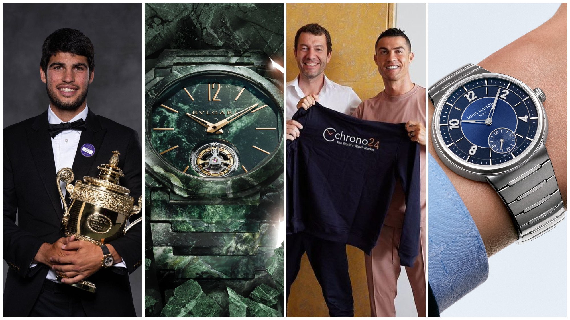 Carlos Alcaraz takes home the top prize at Wimbledon sporting a Rolex Daytona; Bulgari’s all-marble tourbillon Octo Finissimo; Cristiano Ronaldo became the newest investor in reseller Chrono24; and Louis Vuitton’s new steel Tambour. Photos: @carlitosalcarazz, @tim_stracke/Instagram; Handout