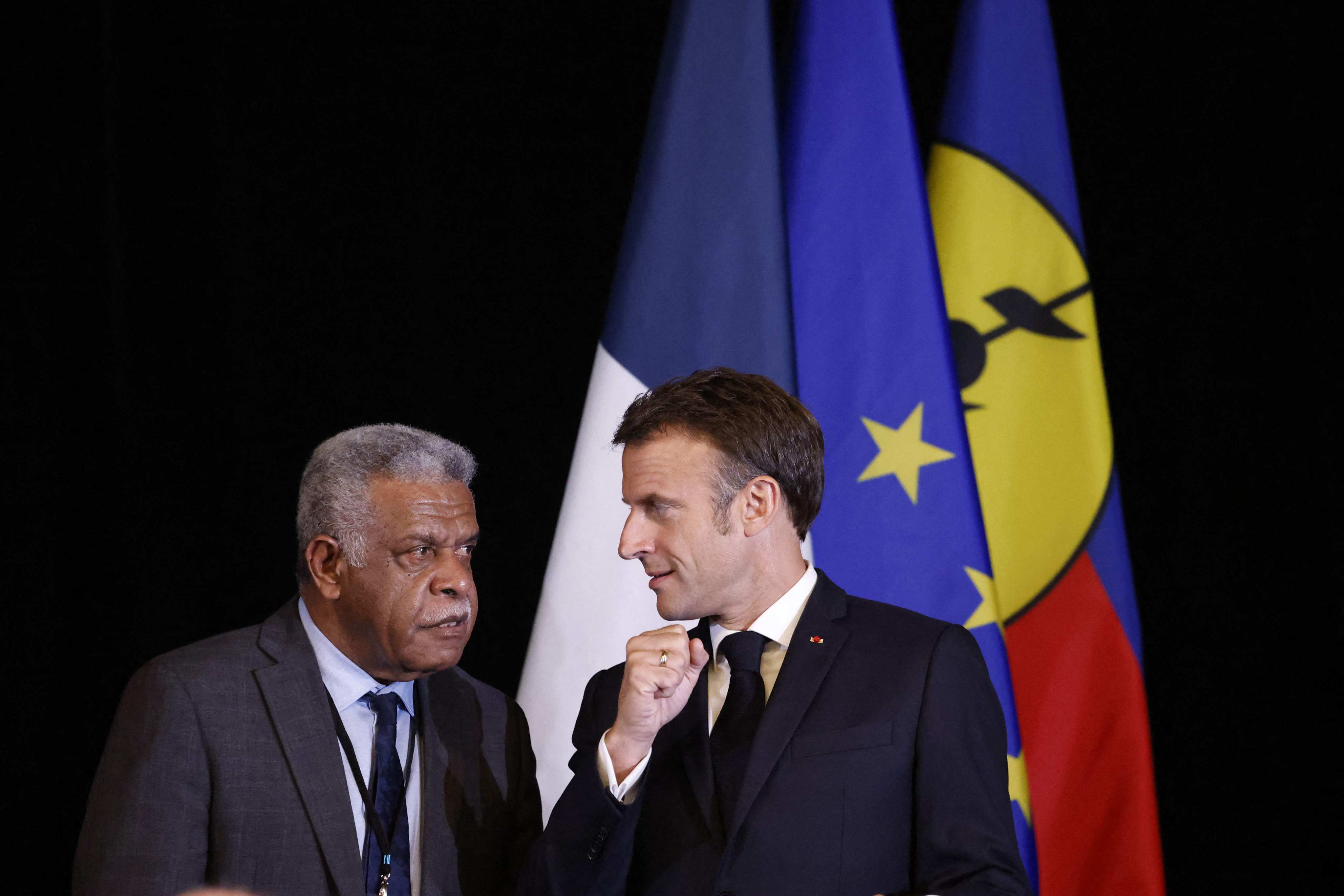 New Caledonia President of the Government Louis Mapou and French President Emmanuel Macron in Port Moresby on July 28, 2023. Photo: AFP