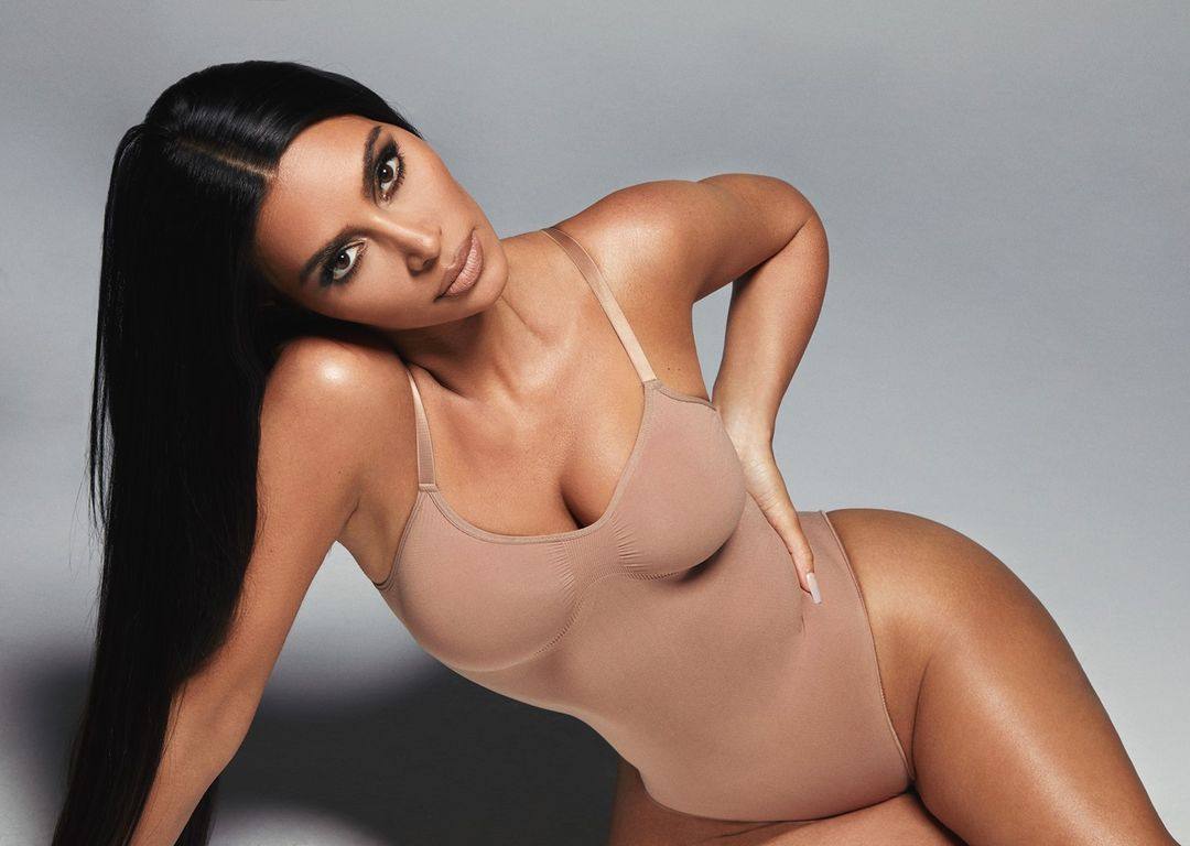 Kim Kardashian modelling a piece from her own brand Skims. Photo: @skims/Instagram