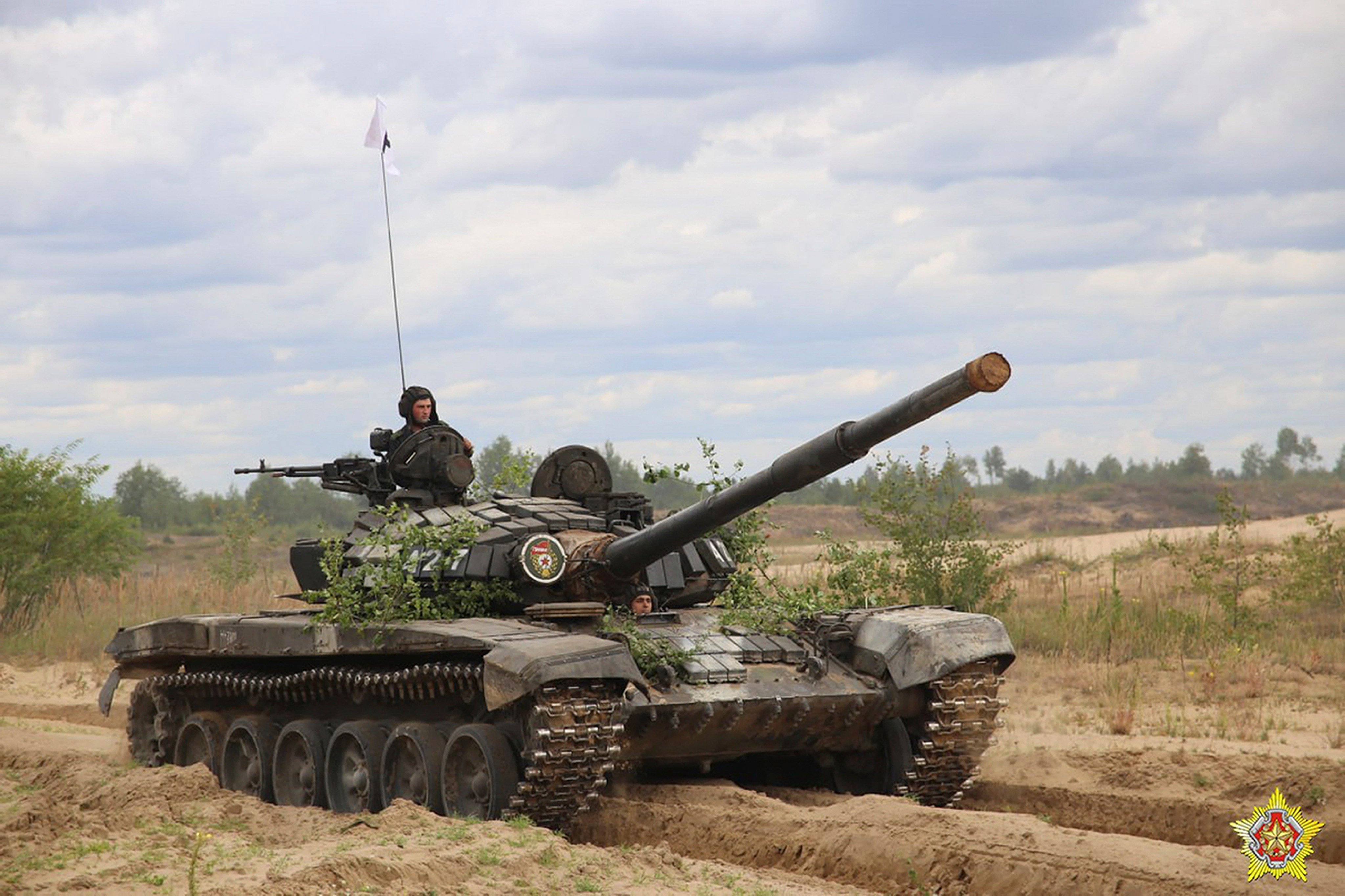 A Belarusian tank during manoeuvres with Wagner mercenary fighters near the border with Poland. Photo: AP