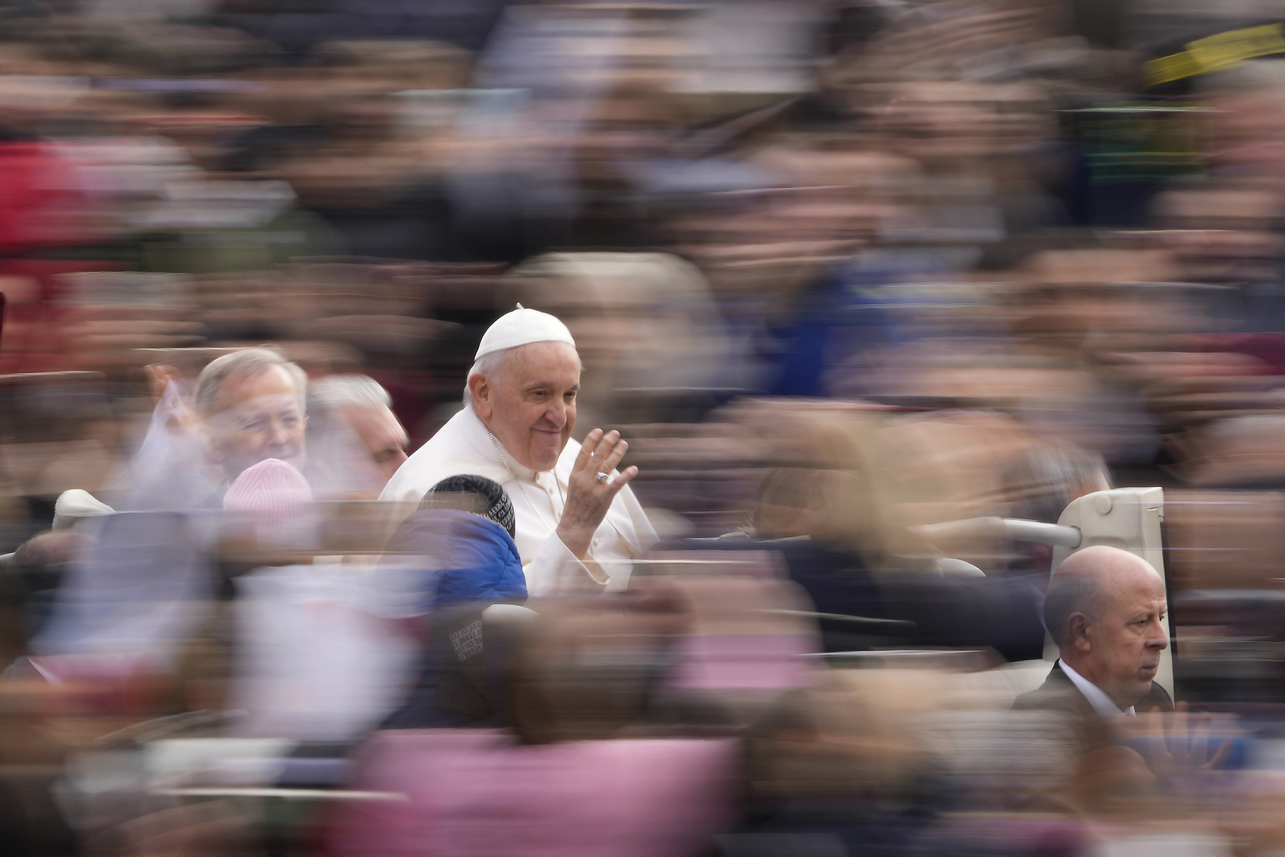 Pope Francis arrives for his weekly general audience in St. Peter’s Square at The Vatican on March 8. He urged Russia to reverse its decision to abandon the Black Sea grain deal. Photo: AP