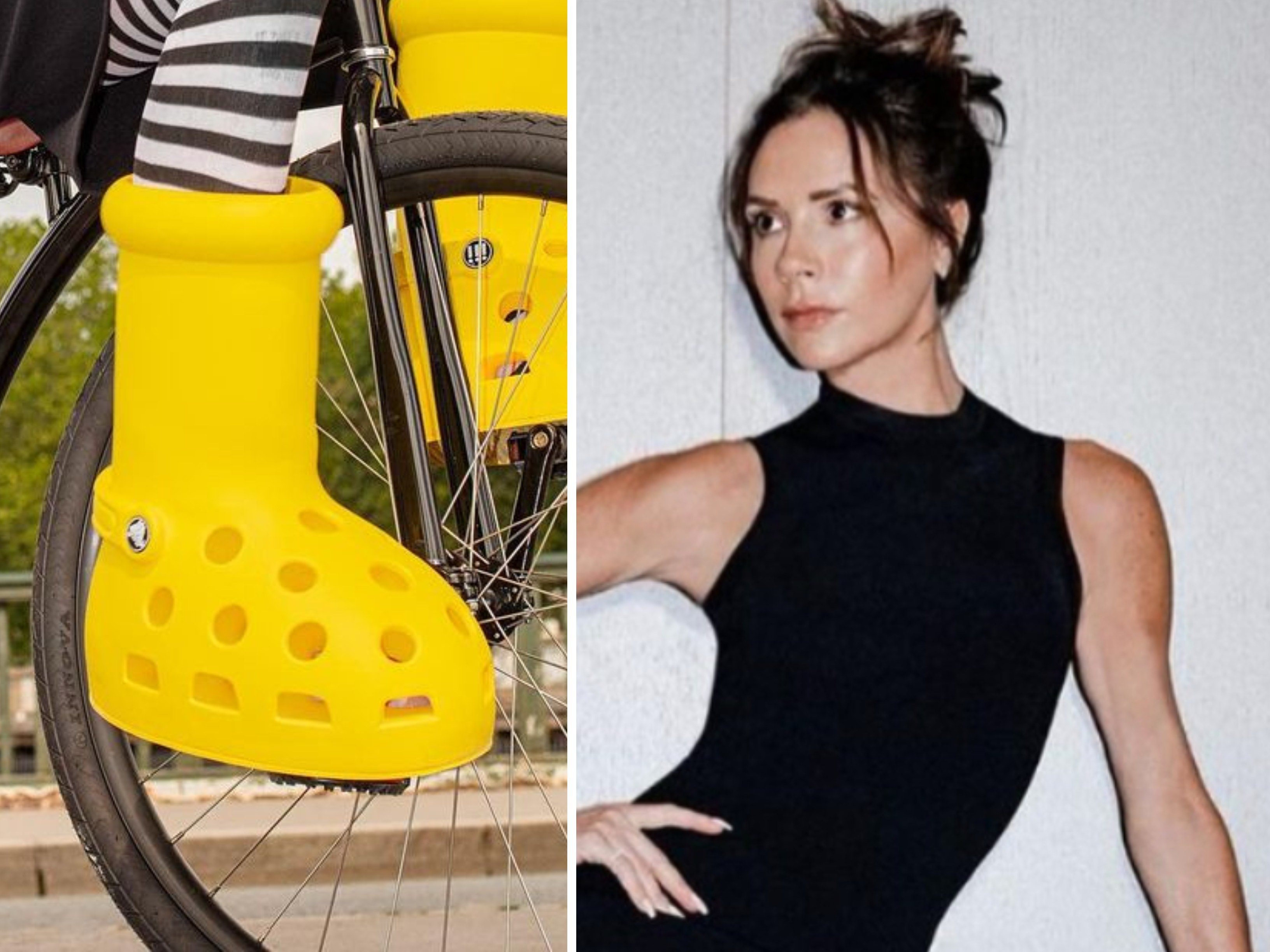 Victoria Beckham once said she “can’t concentrate in flats” but has since changed her tune, even posing in MSCHF’s new giant yellow Crocs on TikTok recently. Photos:  @MSCHF, @victoriabeckham/Instagram