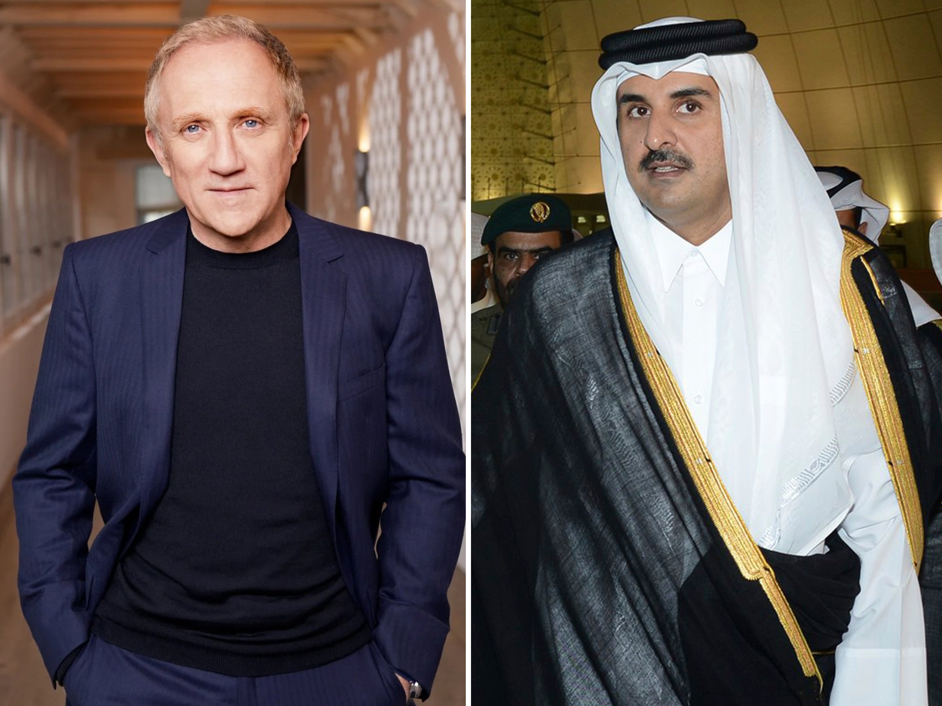 Kering’s François-Henri Pinault and Qatar’s Emir Sheikh Tamim bin Hamad Al Thani. Photos: @SRamzis/Twitter, AP