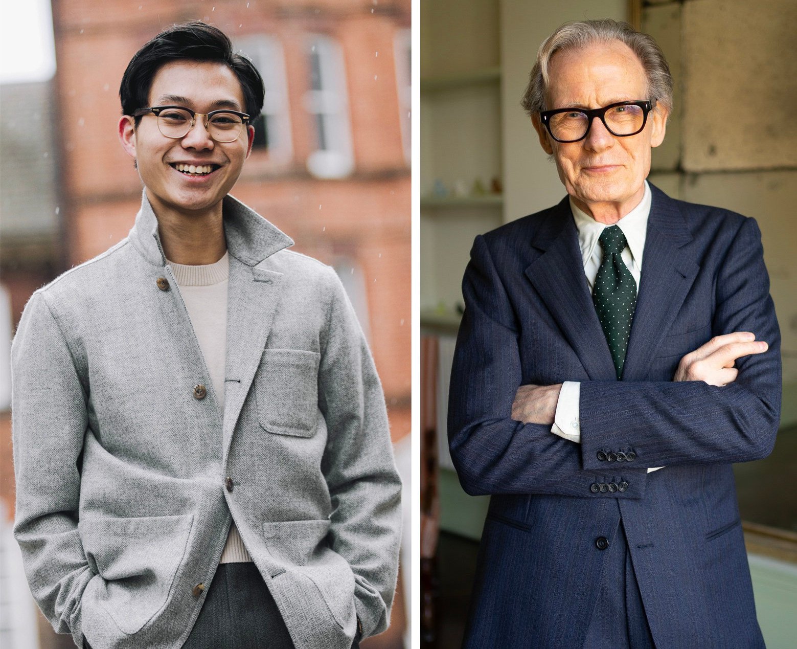 The Anthology’s co-founder Buzz Tang Wing-fung (left) in the brand’s signature “Lazyman” jacket, and Bill Nighy in a suit by the tailoring house.  A chance encounter in London led to Nighy becoming a client and champion of the label. Photos: The Anthology