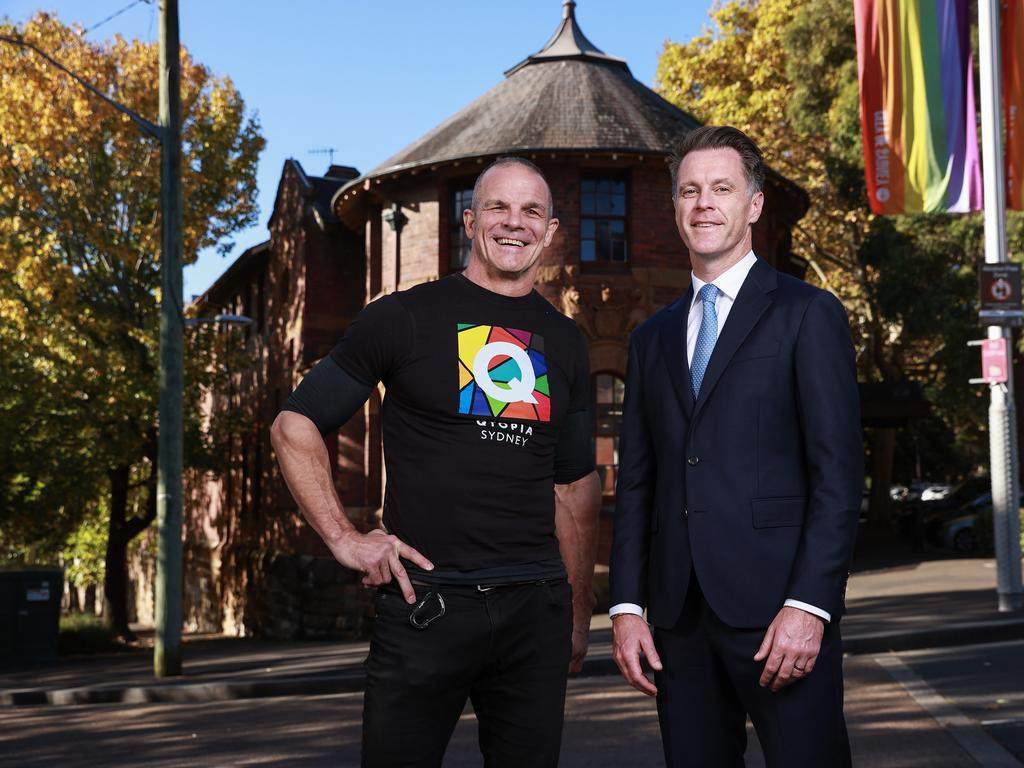 Qtopia Sydney Board Member Ian Roberts (L) and NSW Premier Chris Minns outside of the The old Darlinghurst Police Station, which will become Qtopia Sydney, the largest permanent centre for Queer history and culture in the world, 2023.&#xA;&#xA;CREDIT: Qtopia Sydney